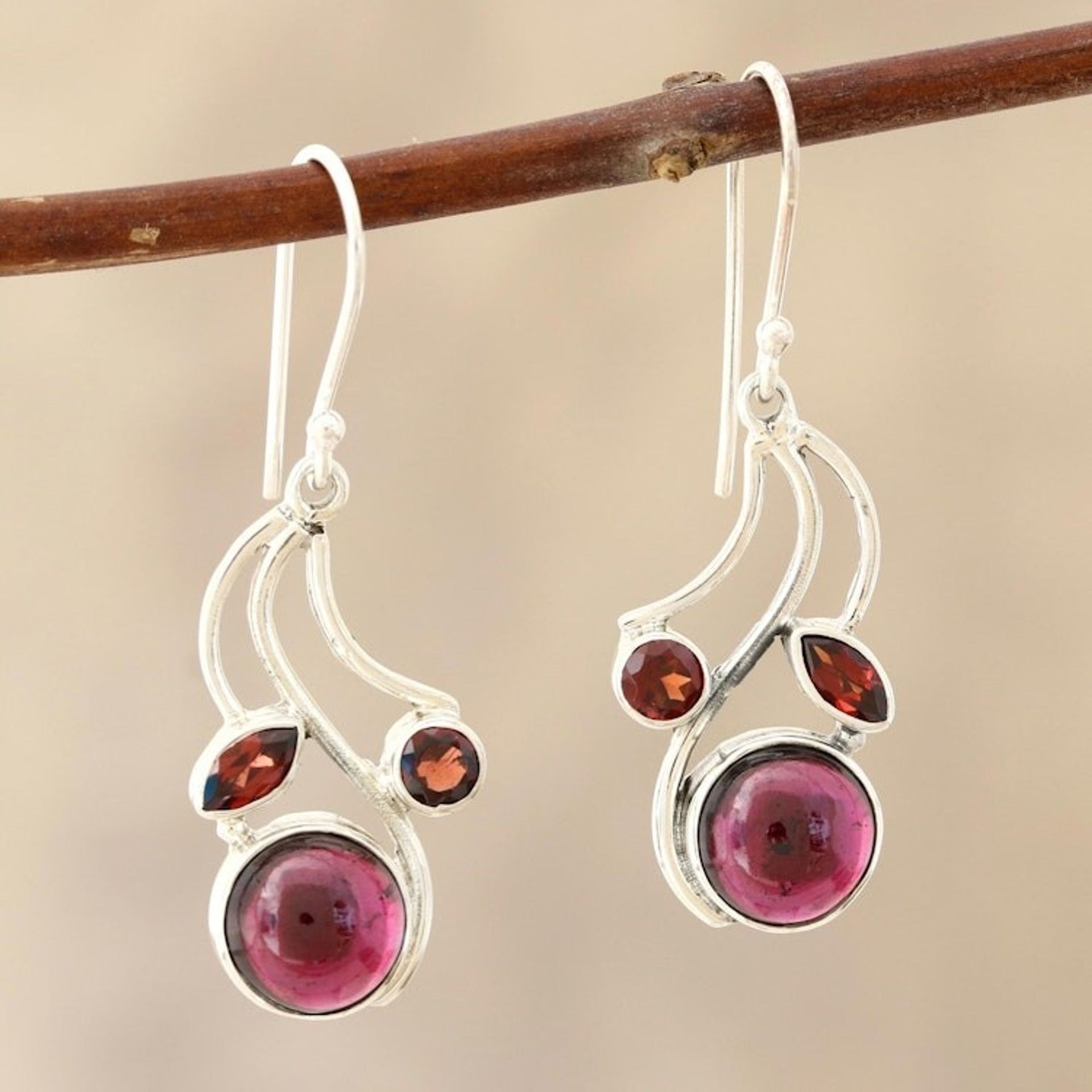 Garnet Gemstone Dangle Earrings 'Triple Fascination'