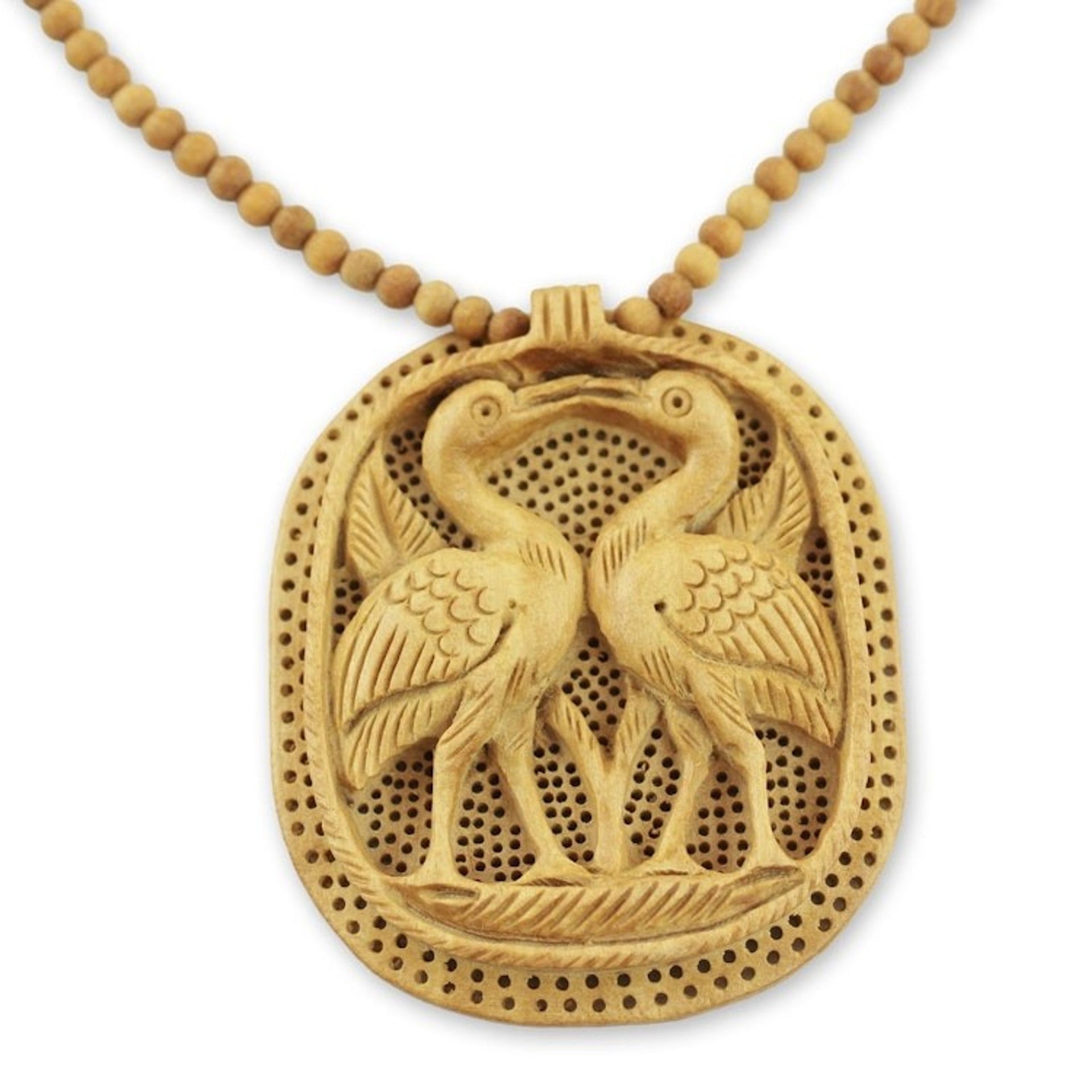 Wood pendant necklace 'Swan Kiss'