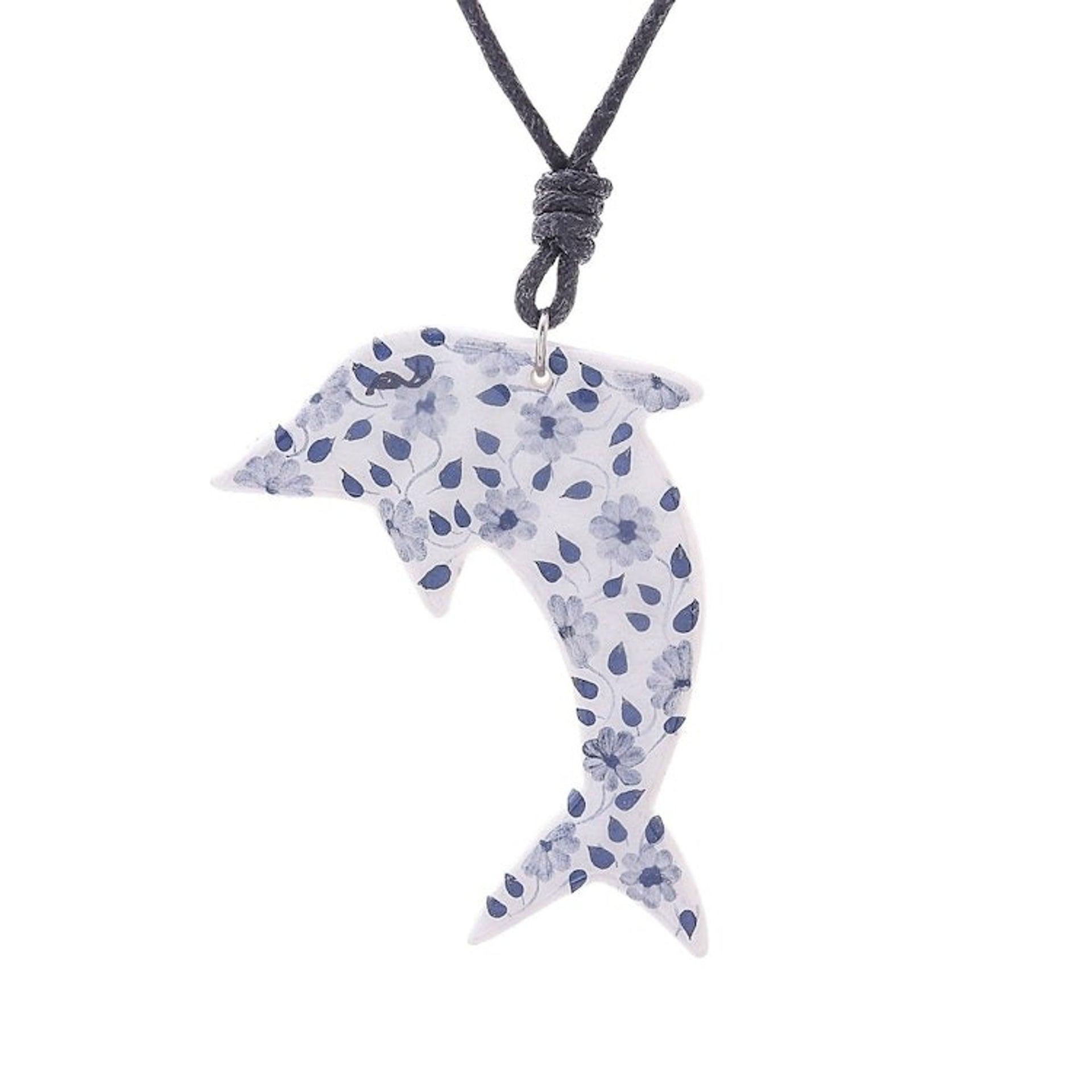 Ceramic Dolphin Necklace with Painted Blue Floral Motifs 'Blue Flower Dolphin'