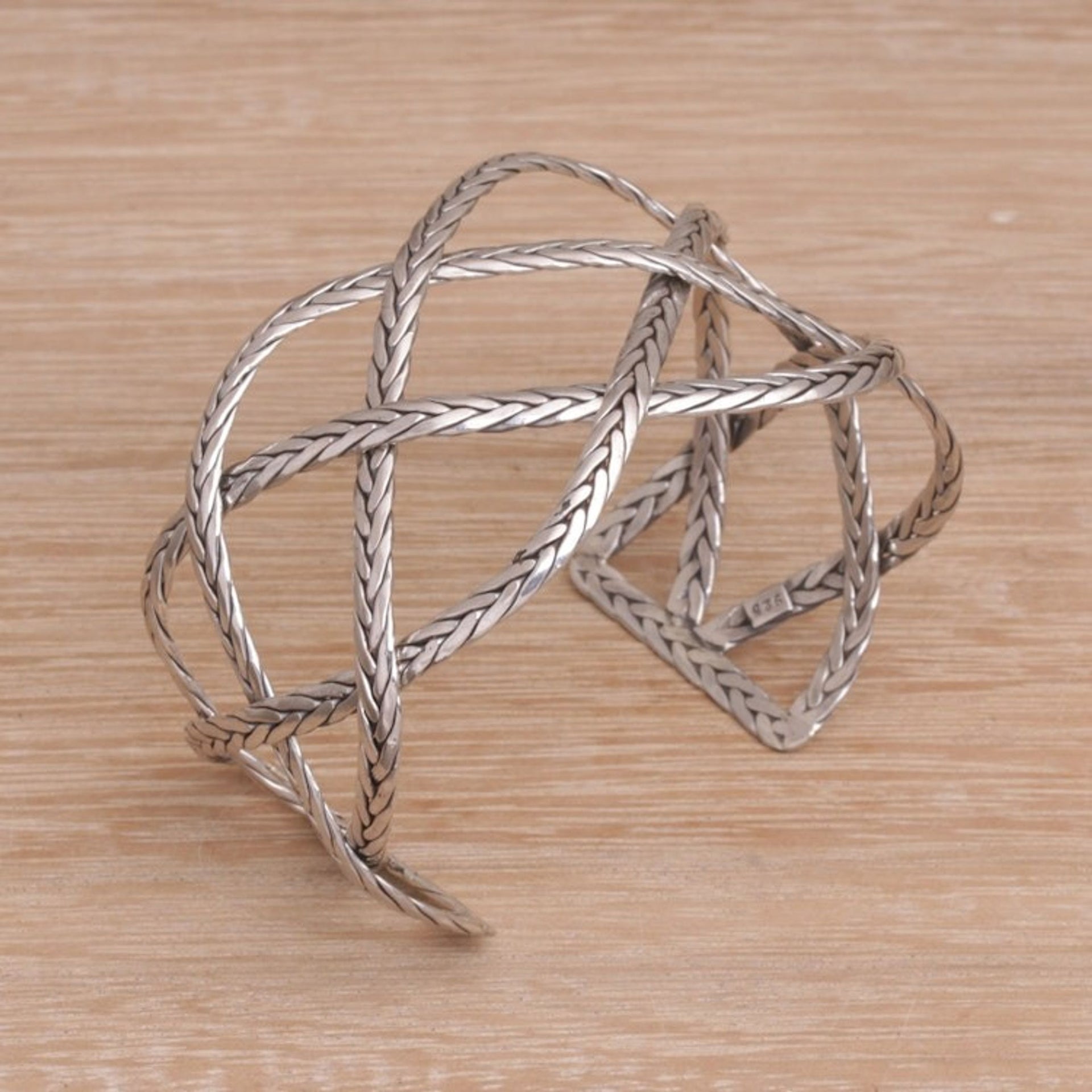 Sterling Silver Handcrafted Cuff Bracelet with Braided Motif 'Woven Road'