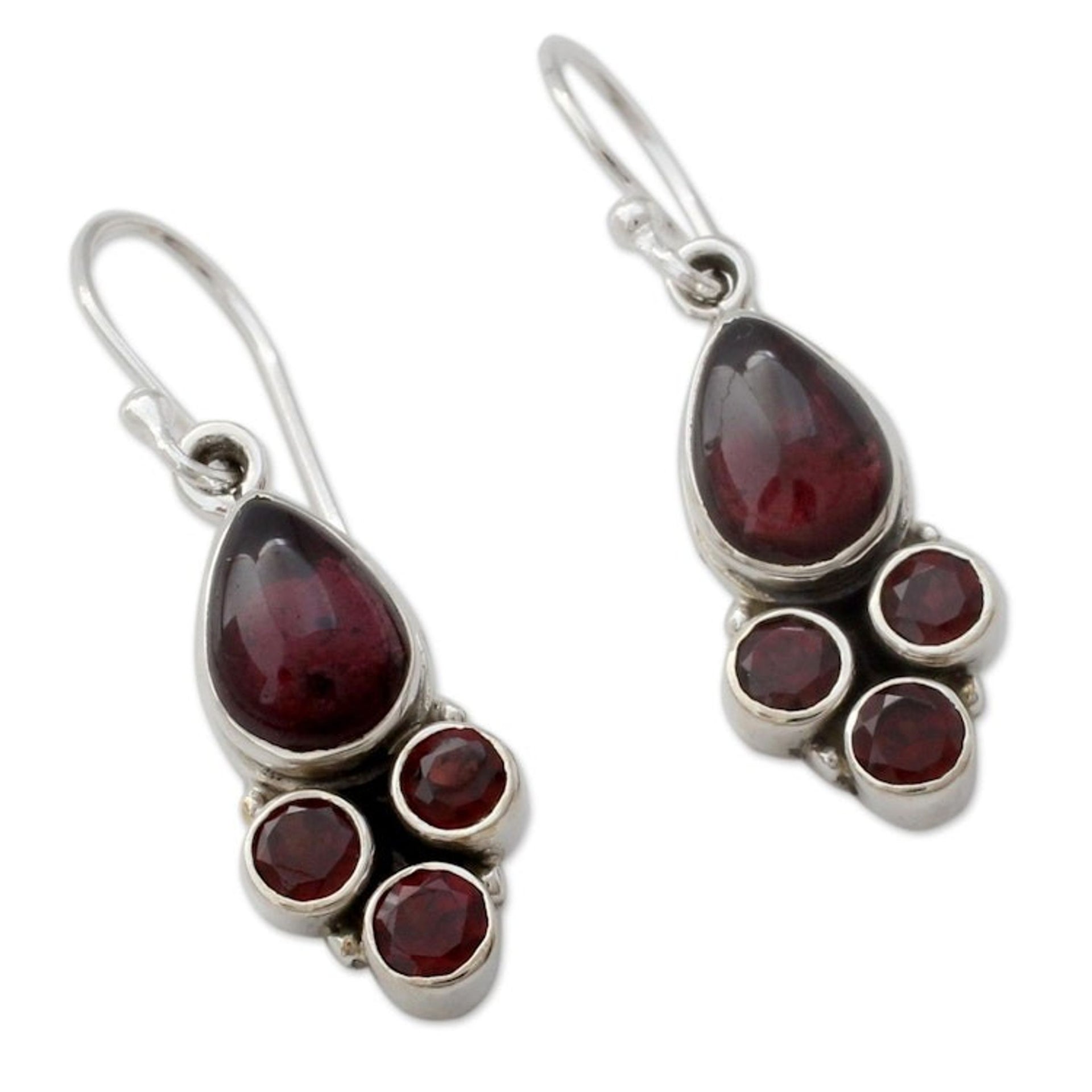 Indian Sterling Silver and Garnet Dangle Hook Earrings 'Scarlet Meadow'