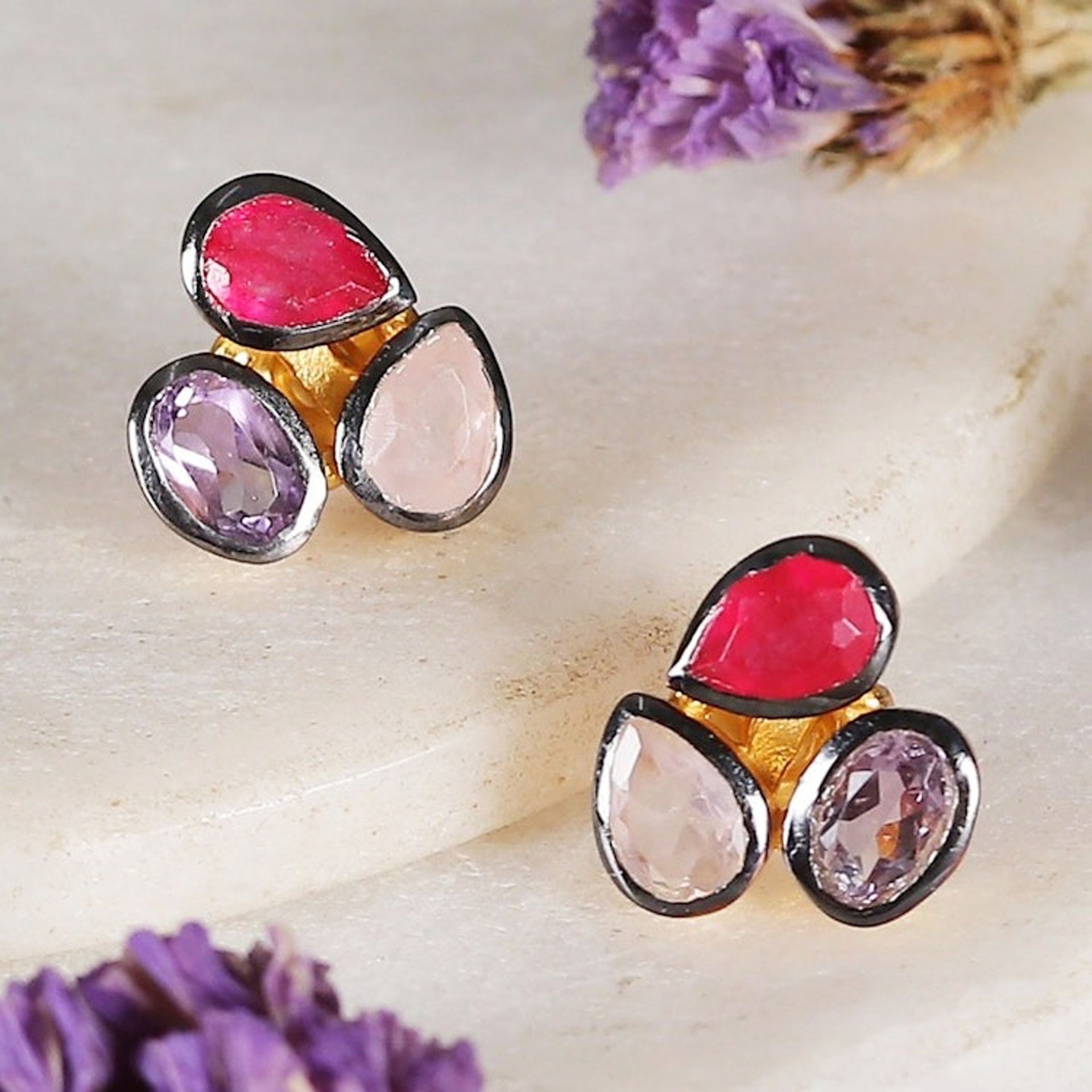18k Gold-Accented 4-Carat Multi-Gemstone Button Earrings 'Pretty Trio'