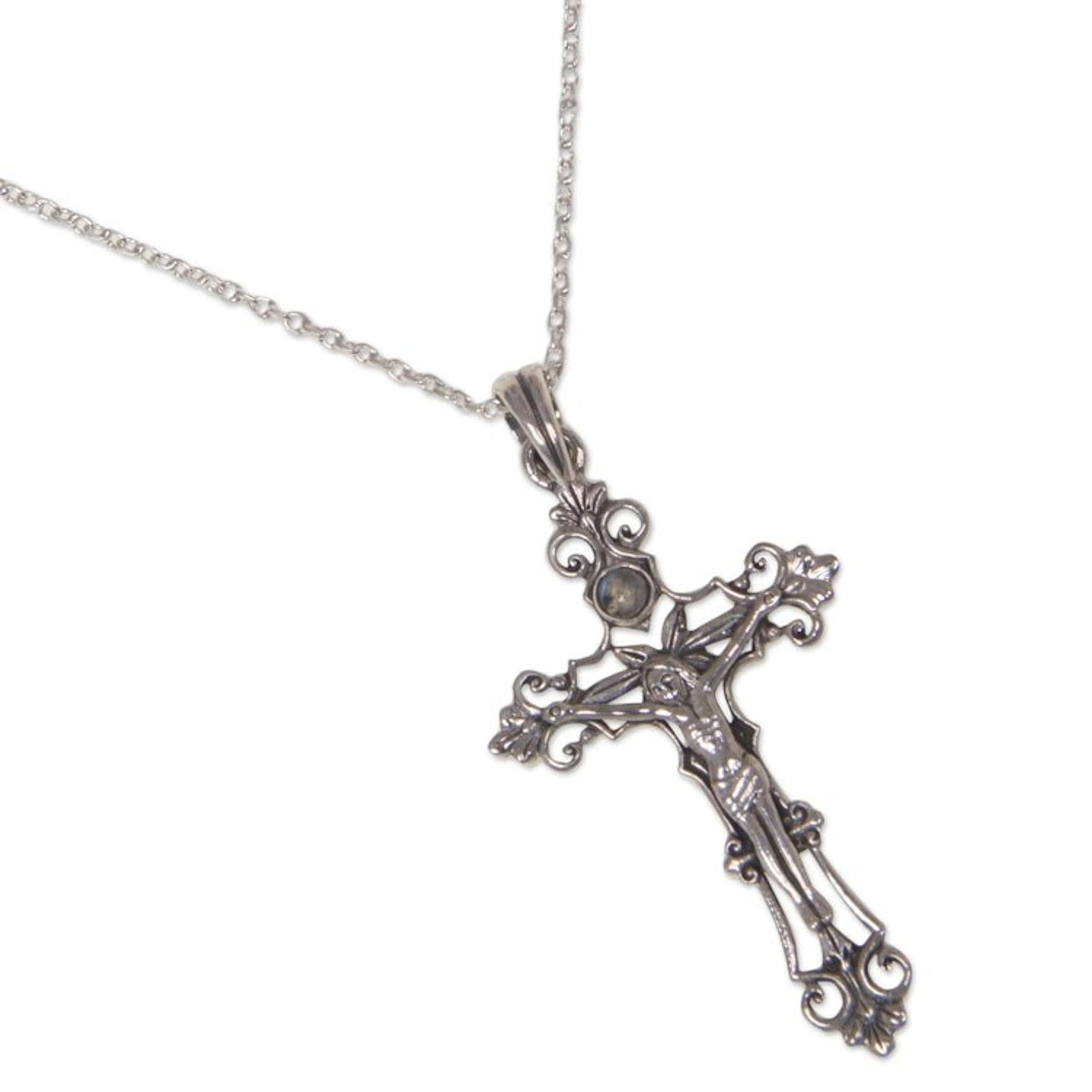Sterling Silver Rainbow Moonstone Cross Necklace 'Moon Crucifix'