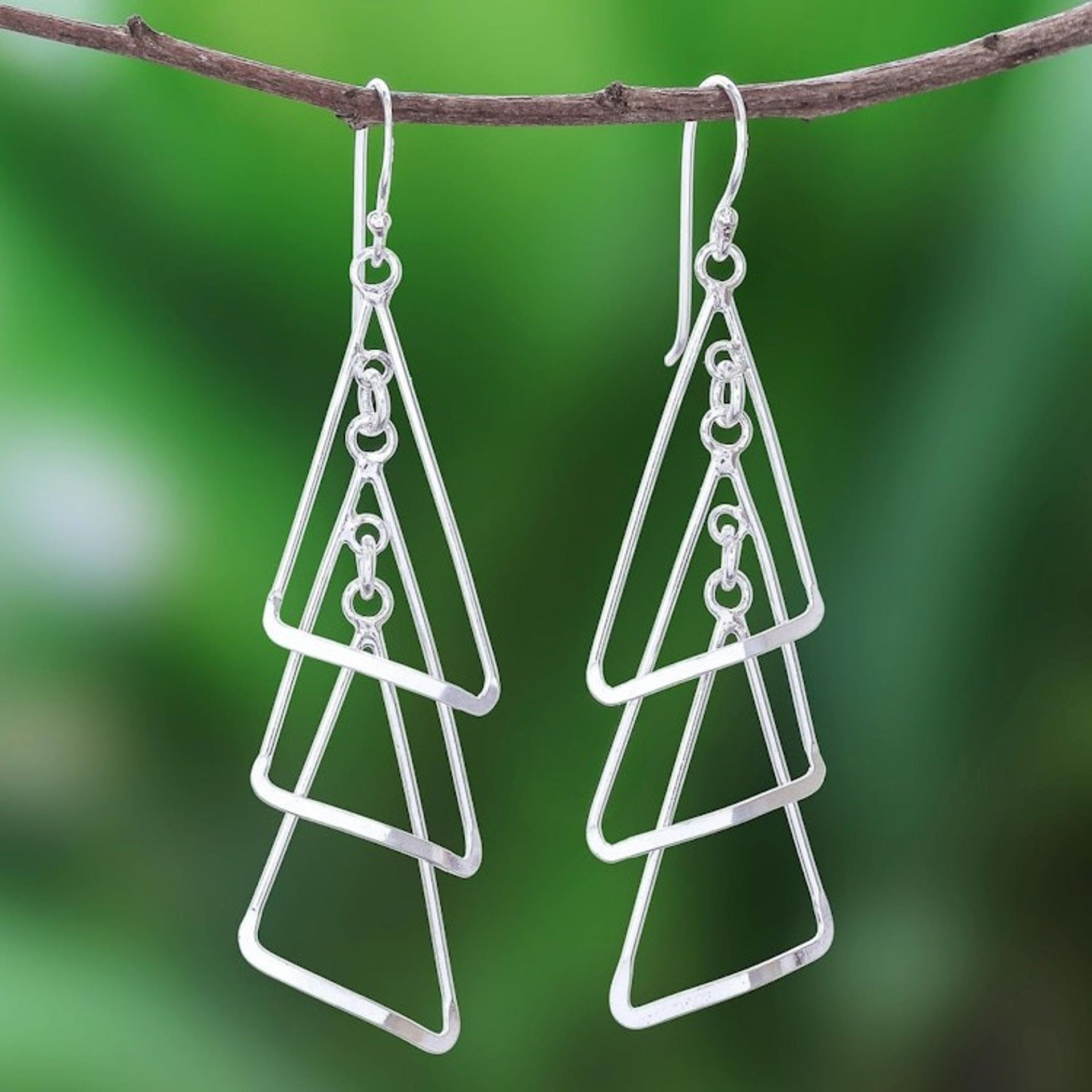 Modern Triangular Sterling Silver Dangle Earrings 'Triangle Triplets'