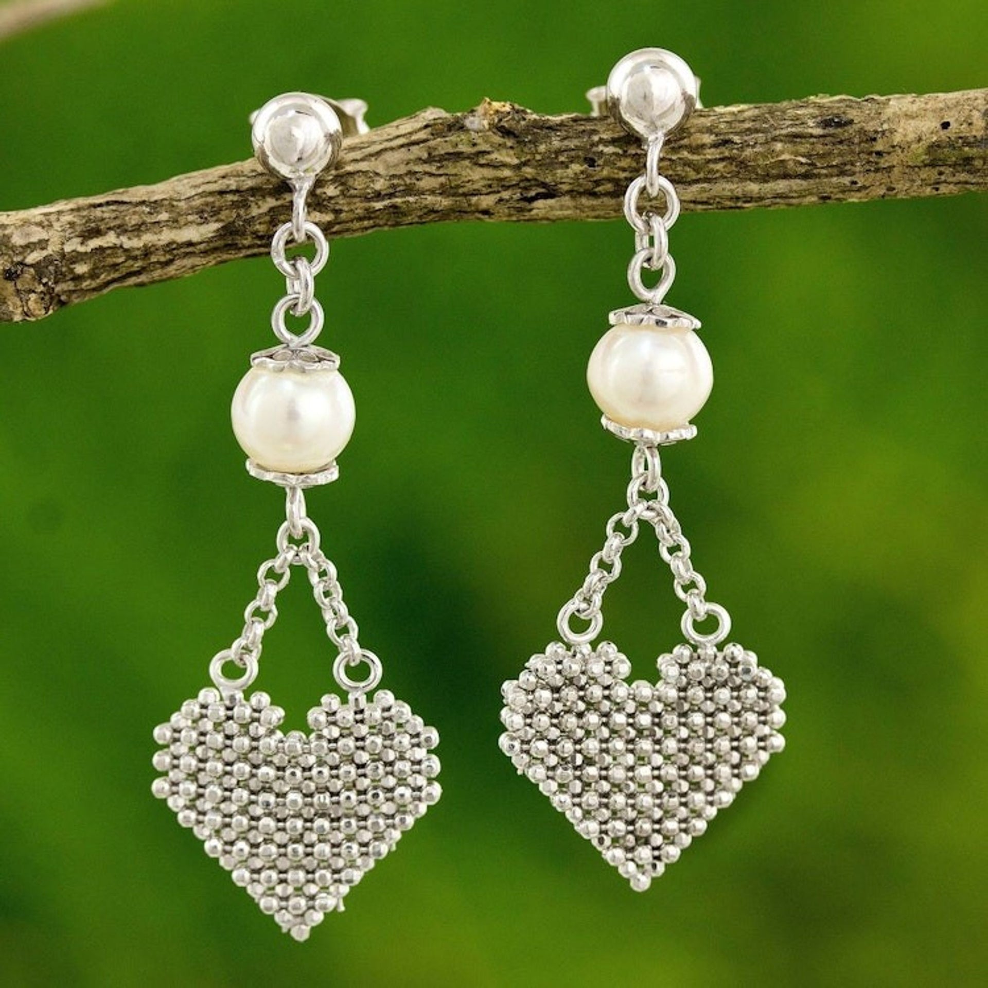 Sterling Silver Heart Earrings with Pearls Thai Jewelry 'Pure Heart'