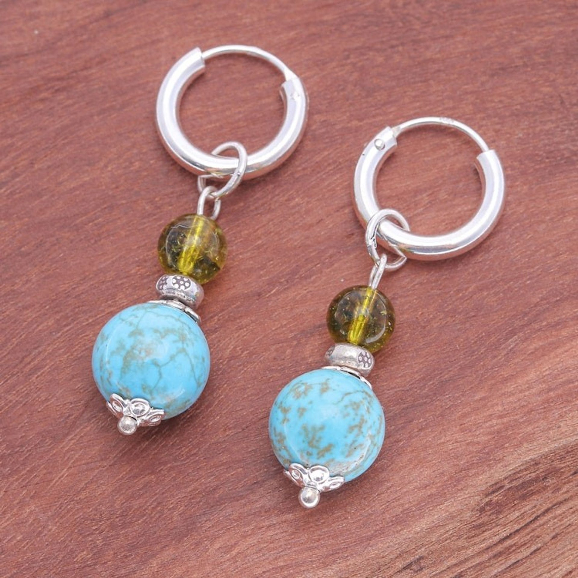 Silver Hoop Earrings with Reconstituted Turquoise Quartz 'Chic Duo'
