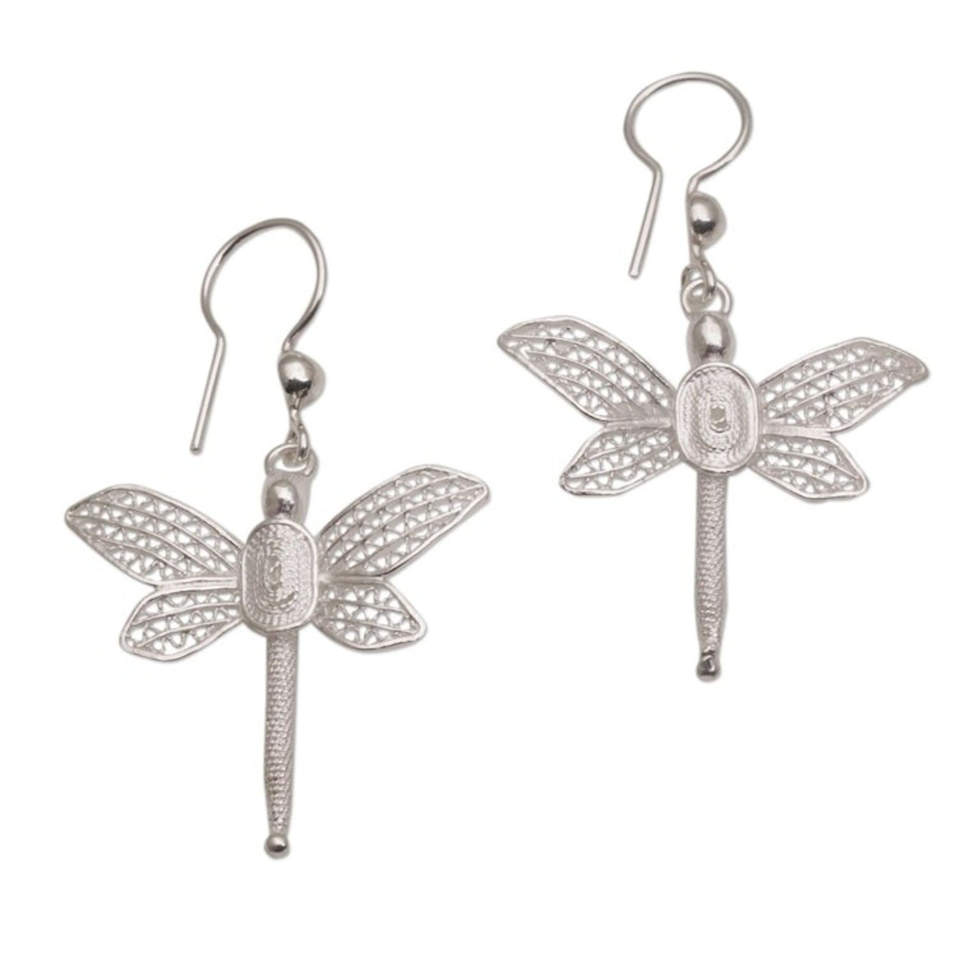 Dragonfly-Shaped Silver Filigree Dangle Earrings from Bali 'Soaring Dragonflies'