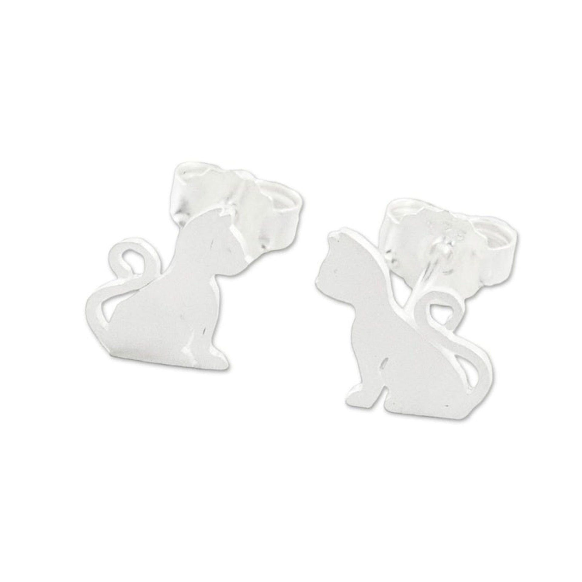 Brushed Silver Cat Stud Earrings from Thai Artisan 'Waiting for Love'