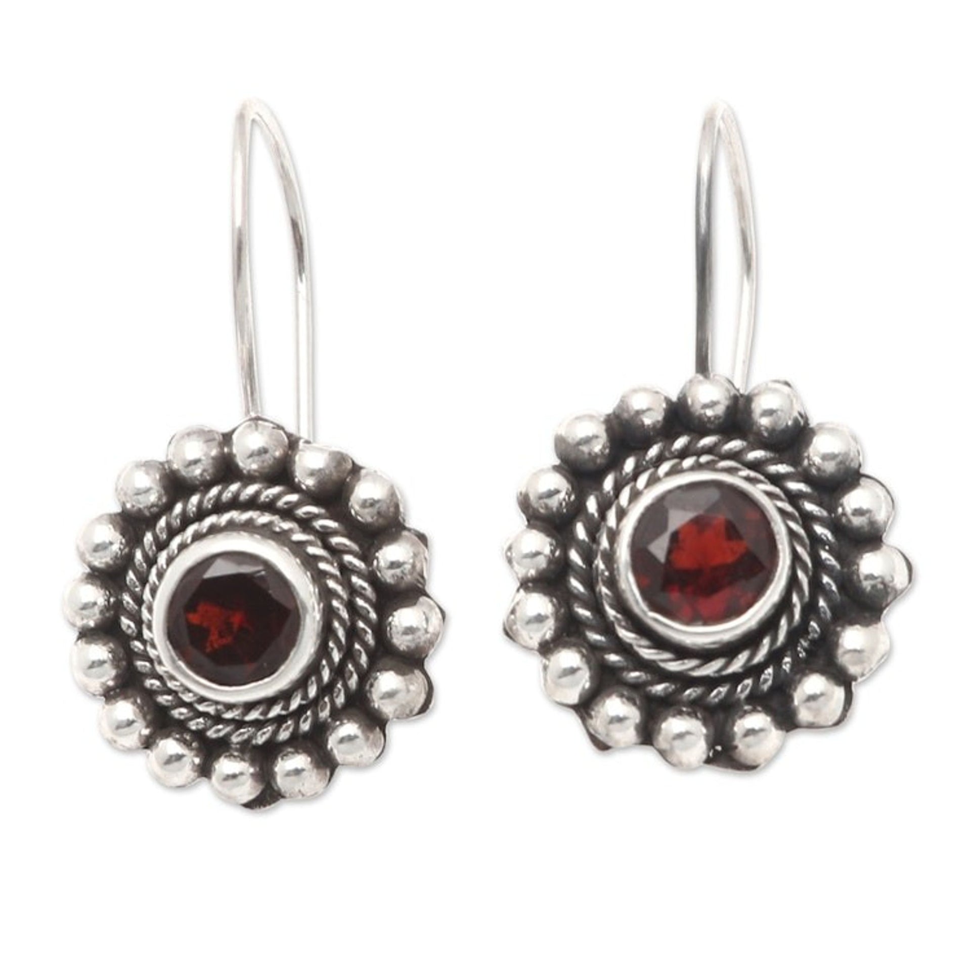 Sterling Silver Floral Drop Earrings with Garnet Stone 'Enchanting Flower in Red'