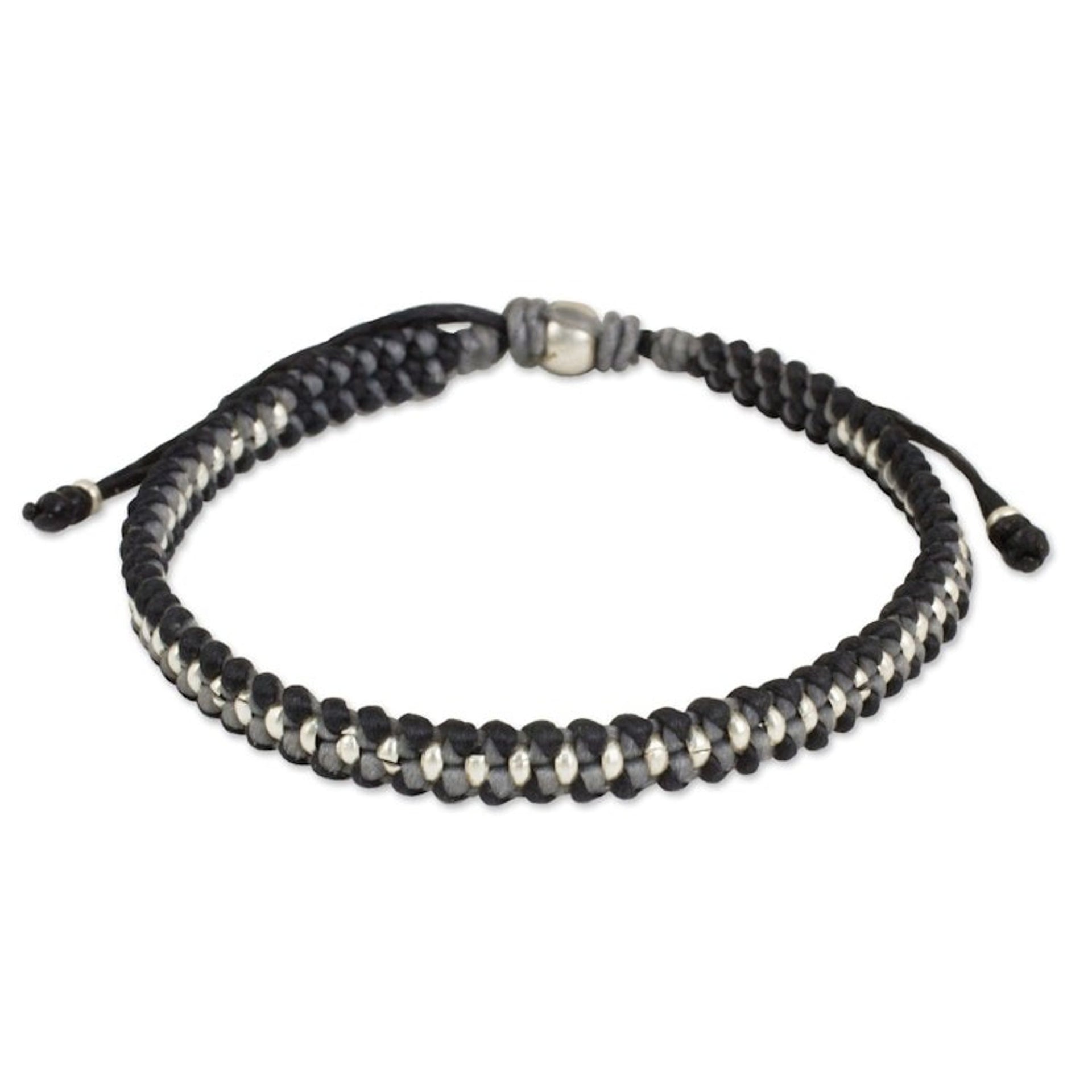 Hand Knotted Macrame Bracelet with Hill Tribe Silver Beads 'Grey Black Progression'