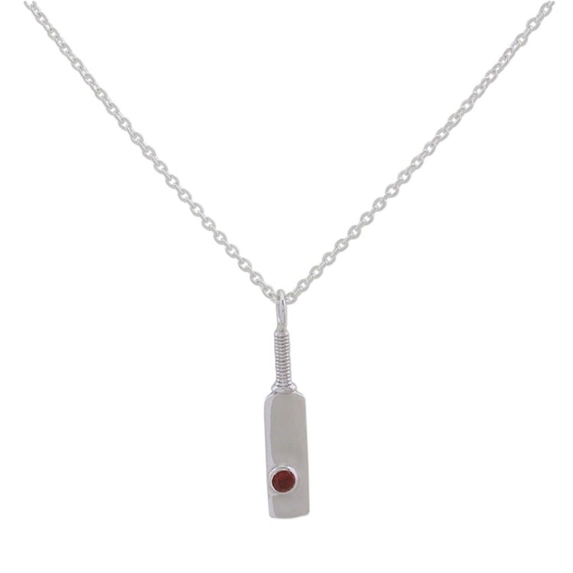 Sterling Silver and Garnet Pendant Necklace from India 'Cricket Bat'