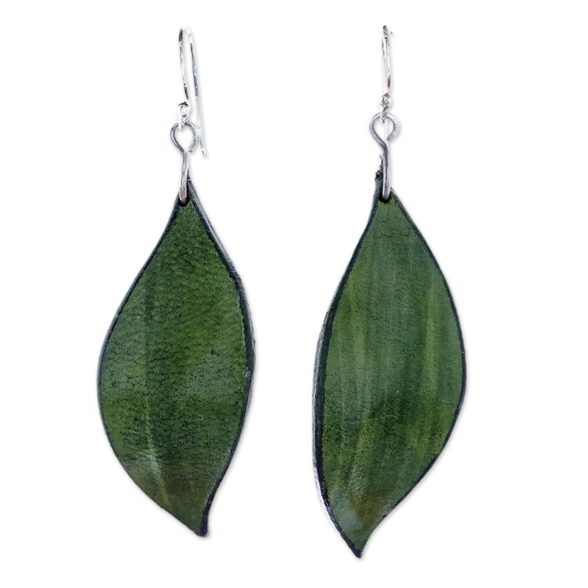 Leaf-Shaped Leather Dangle Earrings in Green from Thailand 'Fanciful Leaves in Green'
