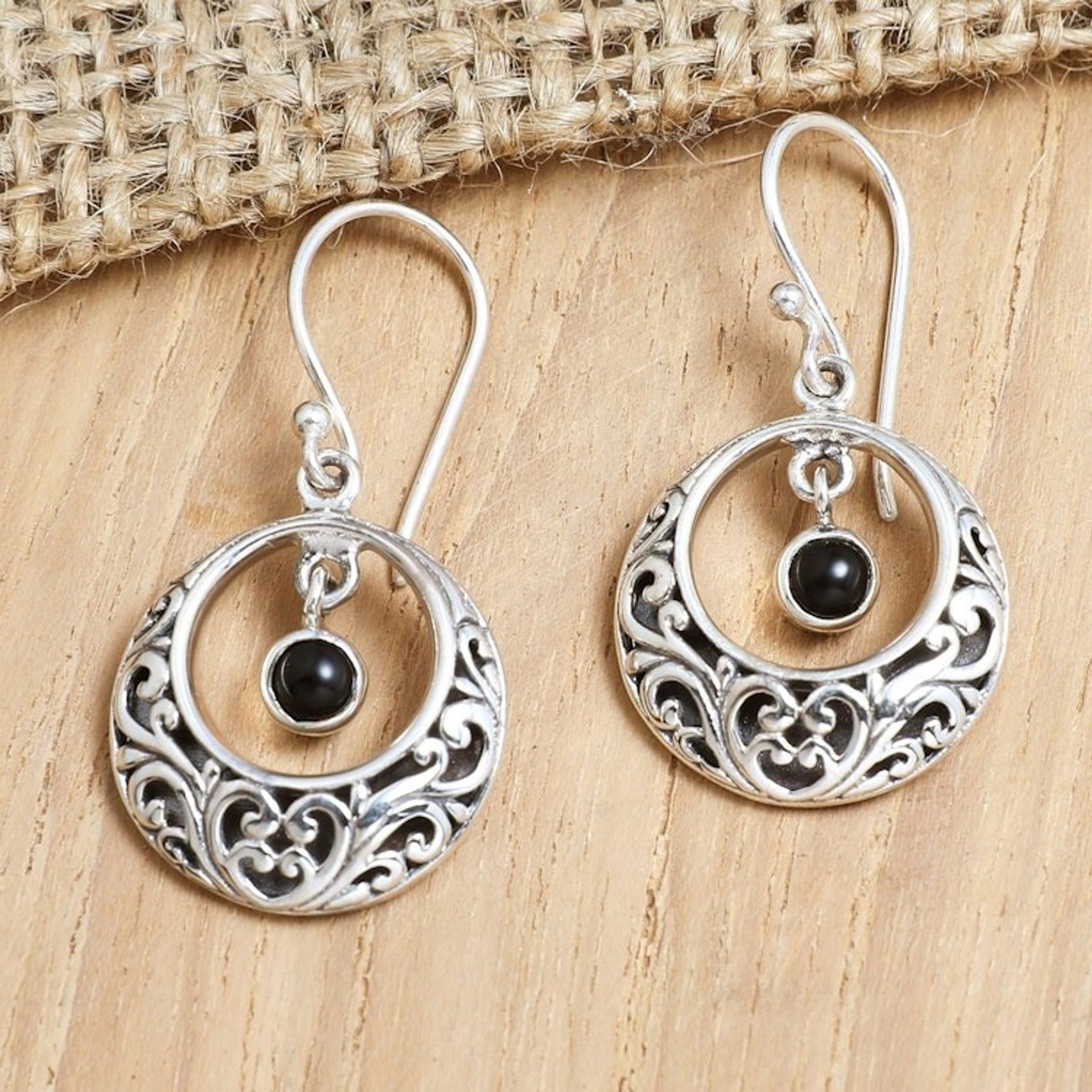 Sterling Silver Dangle Earrings with Swaying Onyx Stone 'Baturiti Garden in Black'