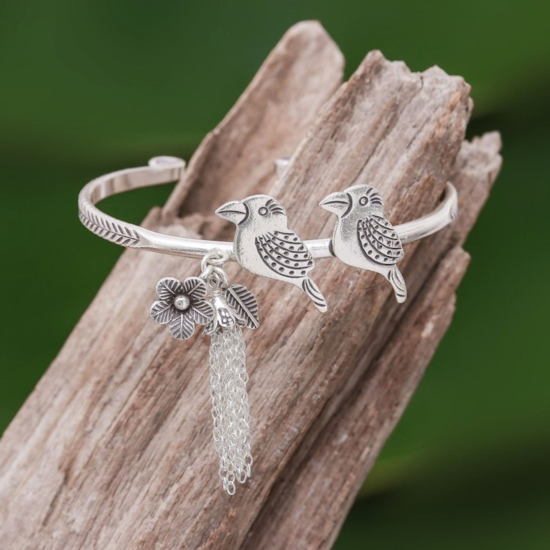 Rainforest Bird Themed Sterling Silver Cuff Bracelet 'Rainforest Birds'
