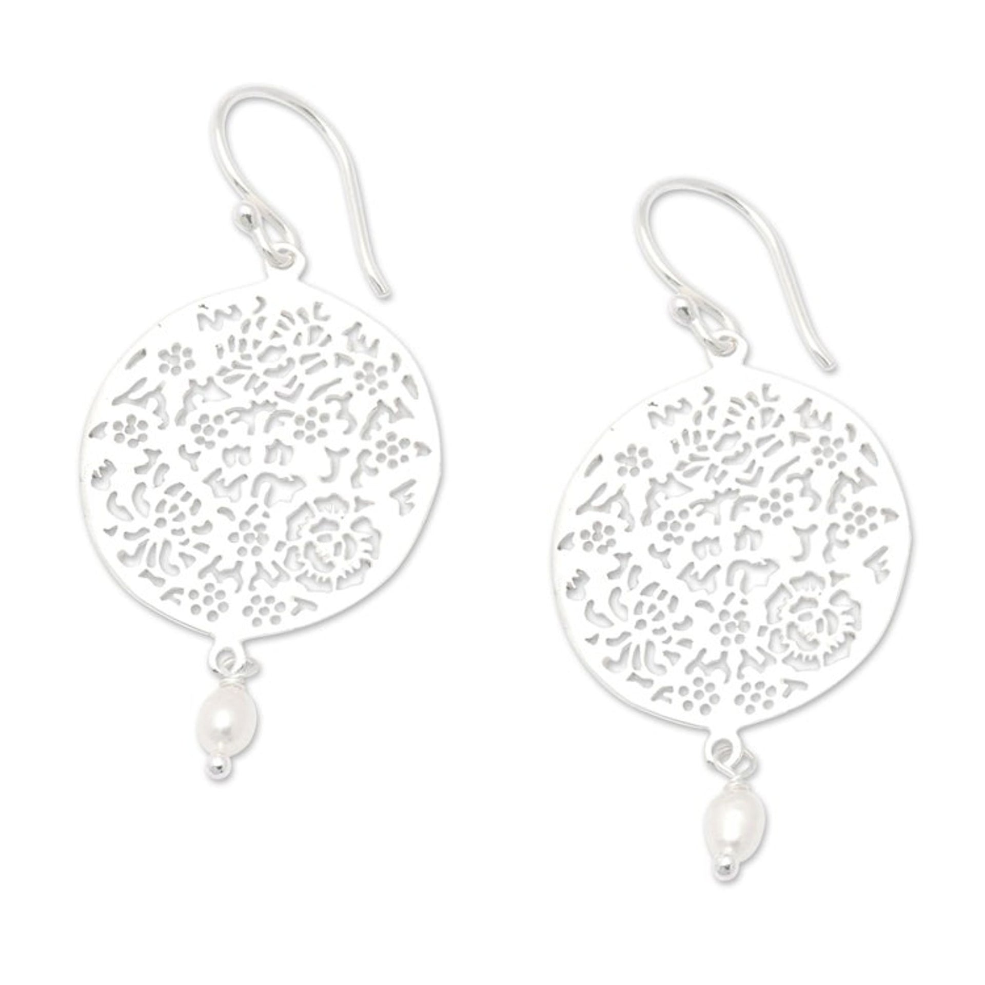 Floral and Leafy Round Cultured Pearl Dangle Earrings 'Pearly Summer'