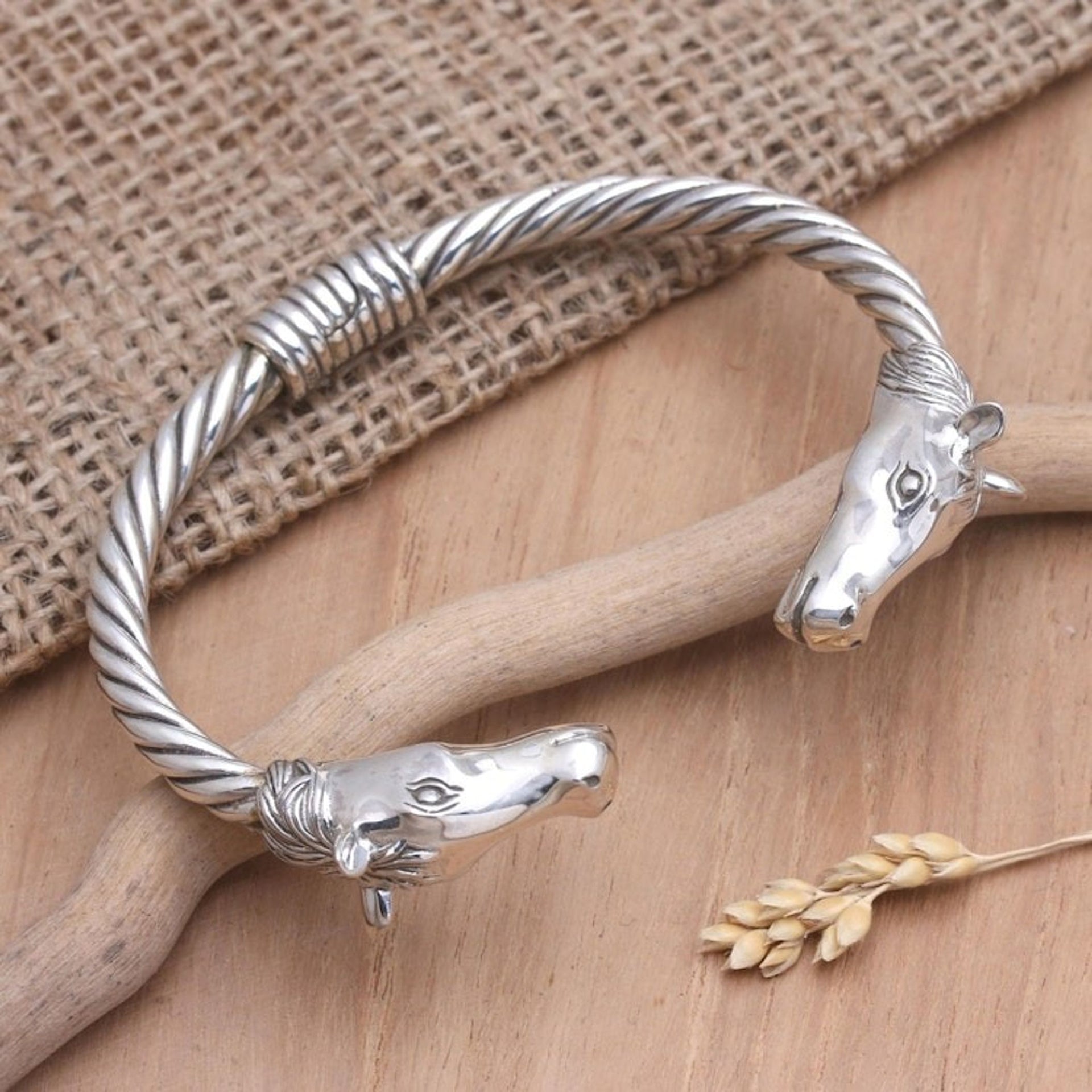 Sterling Silver Twisted Cuff Bracelet with Horses' Heads 'Horse Race'