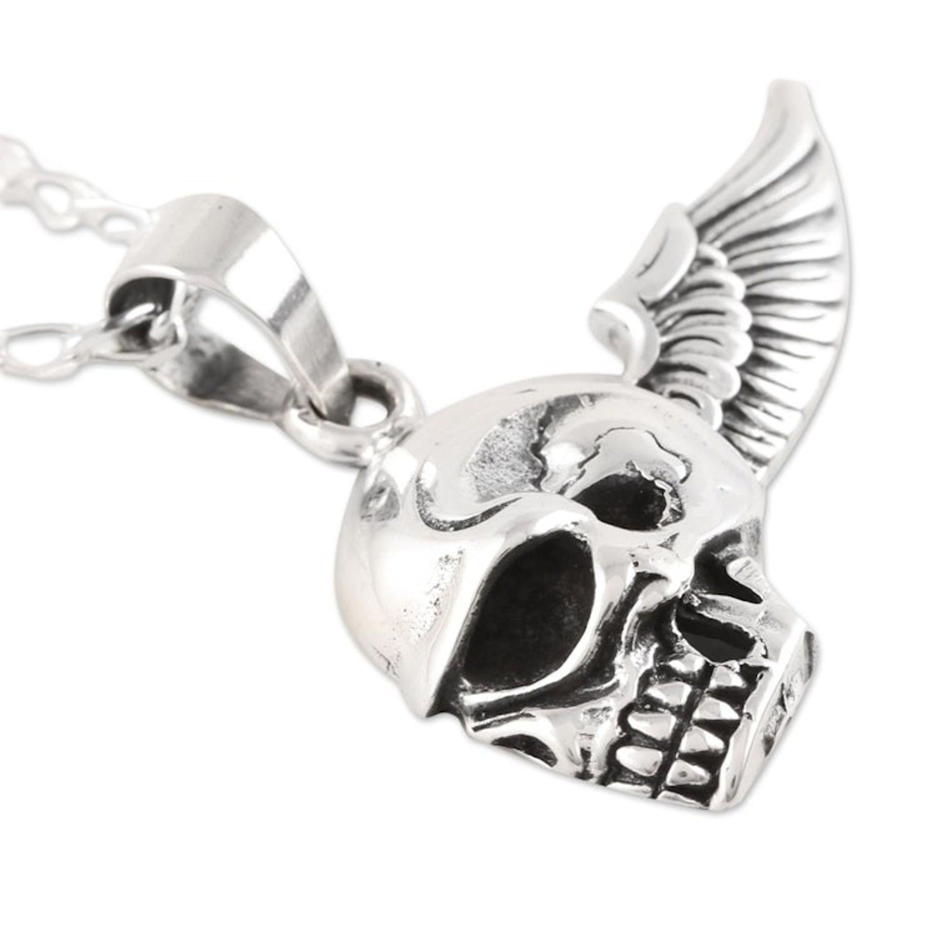 Men's Sterling Silver Winged Skull Necklace from India 'Skull Flight'