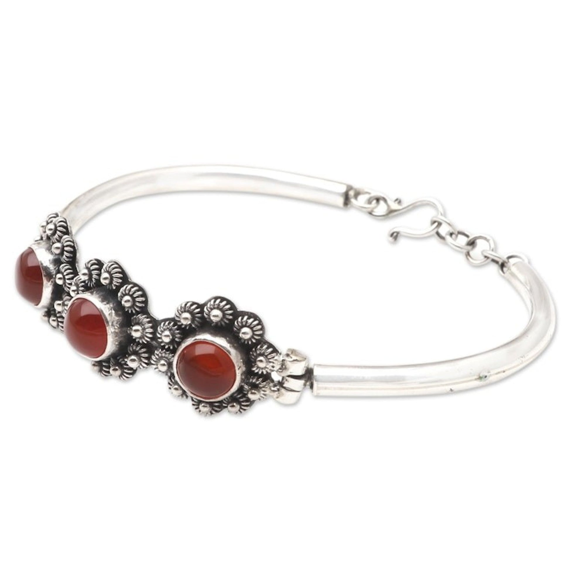 Sterling Silver and Carnelian Bangle Bracelet 'Secret Lotus'