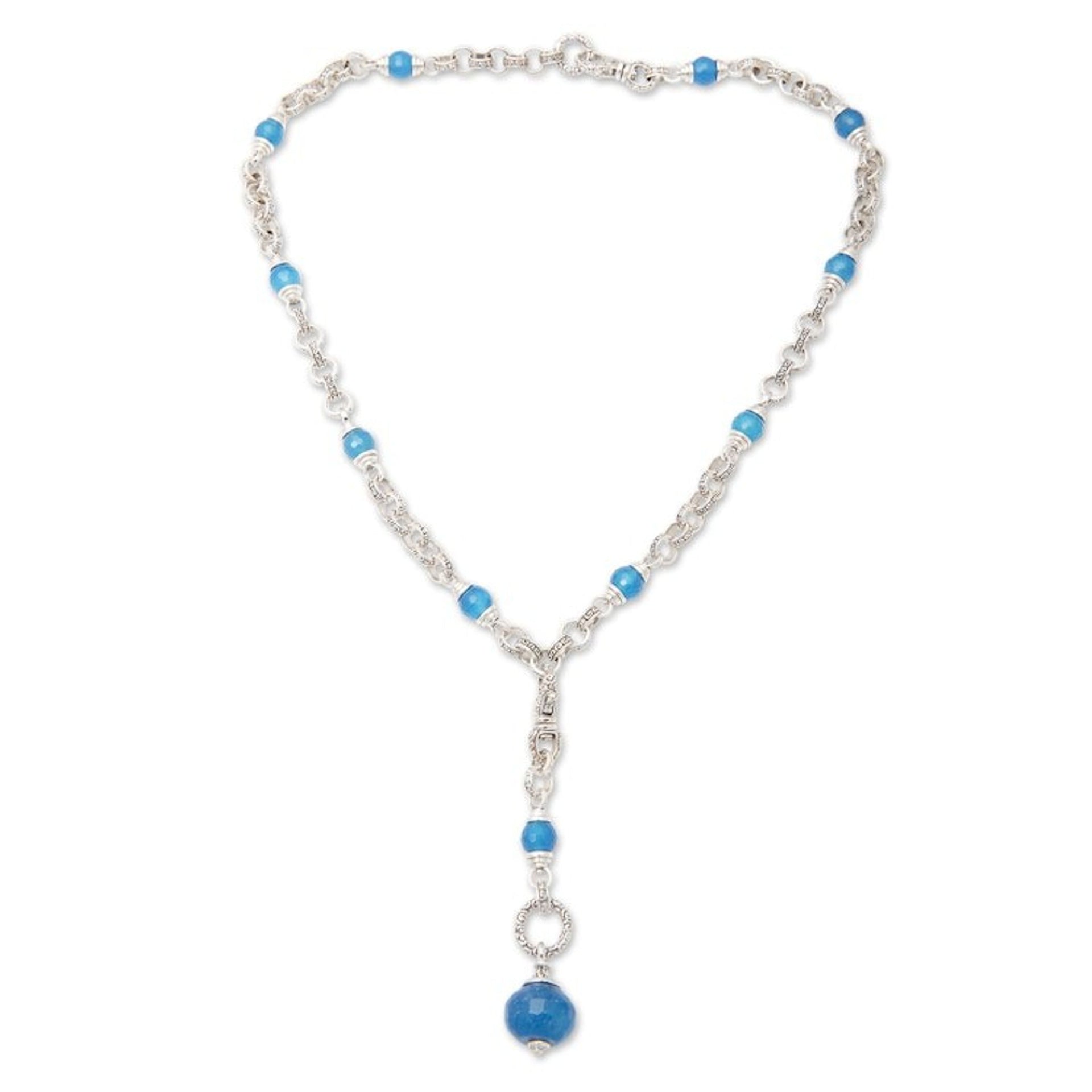 Traditional Sterling Silver and Chalcedony Y Necklace 'Heaven's Blue Path'