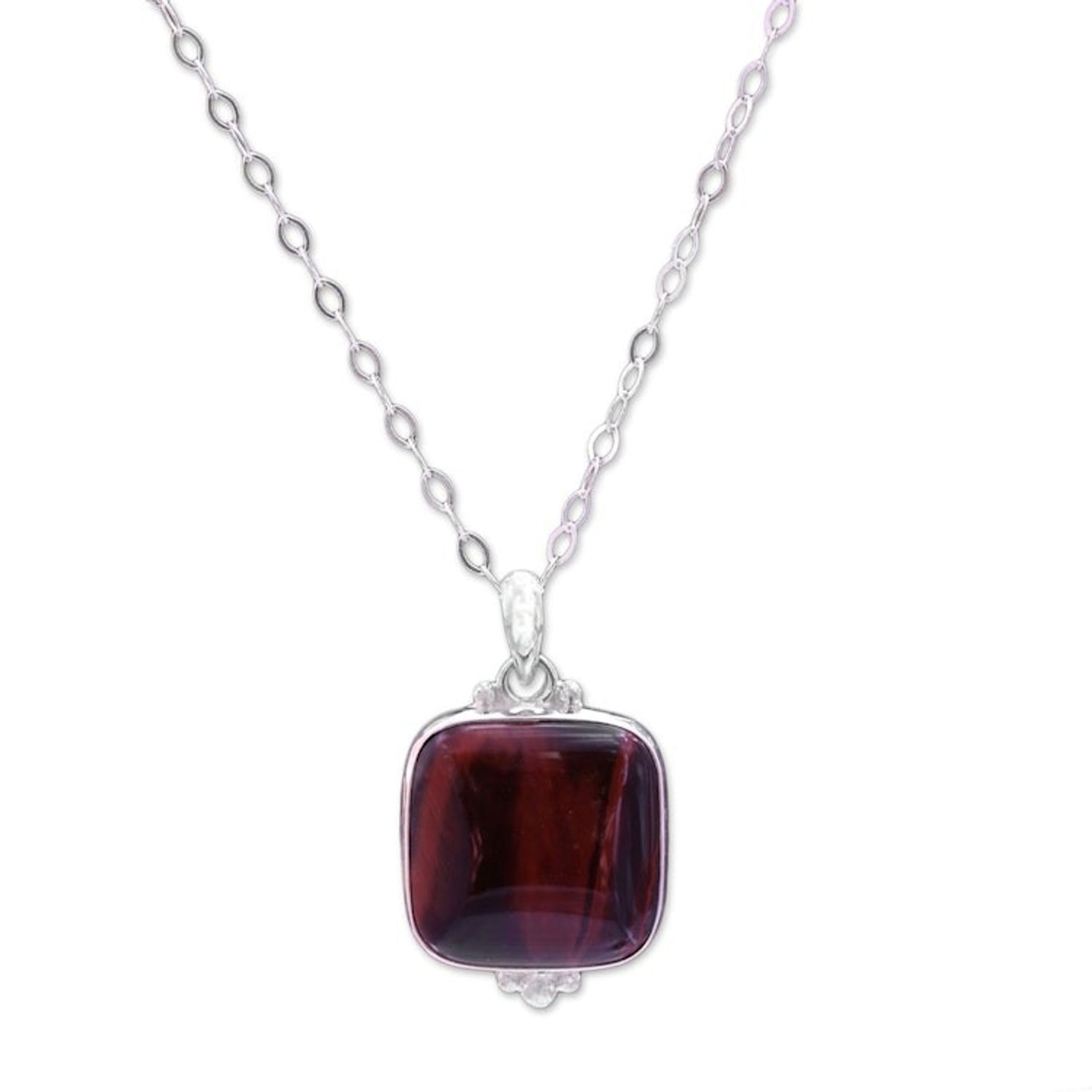 Square Red Tiger's Eye Pendant Necklace from Bali 'Red Square'