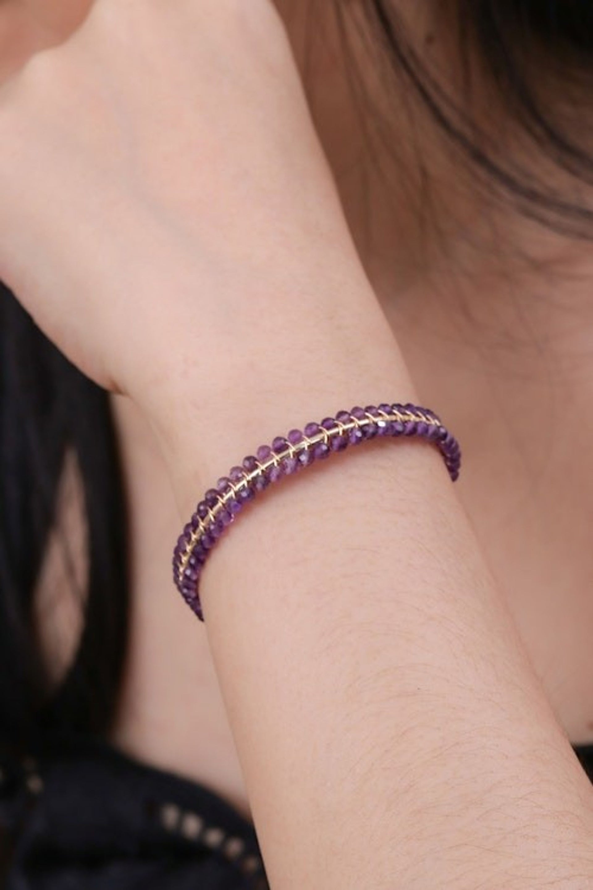 Purple Amethyst Beaded Cuff Bracelet Handmade in Thailand 'Life of Wisdom'