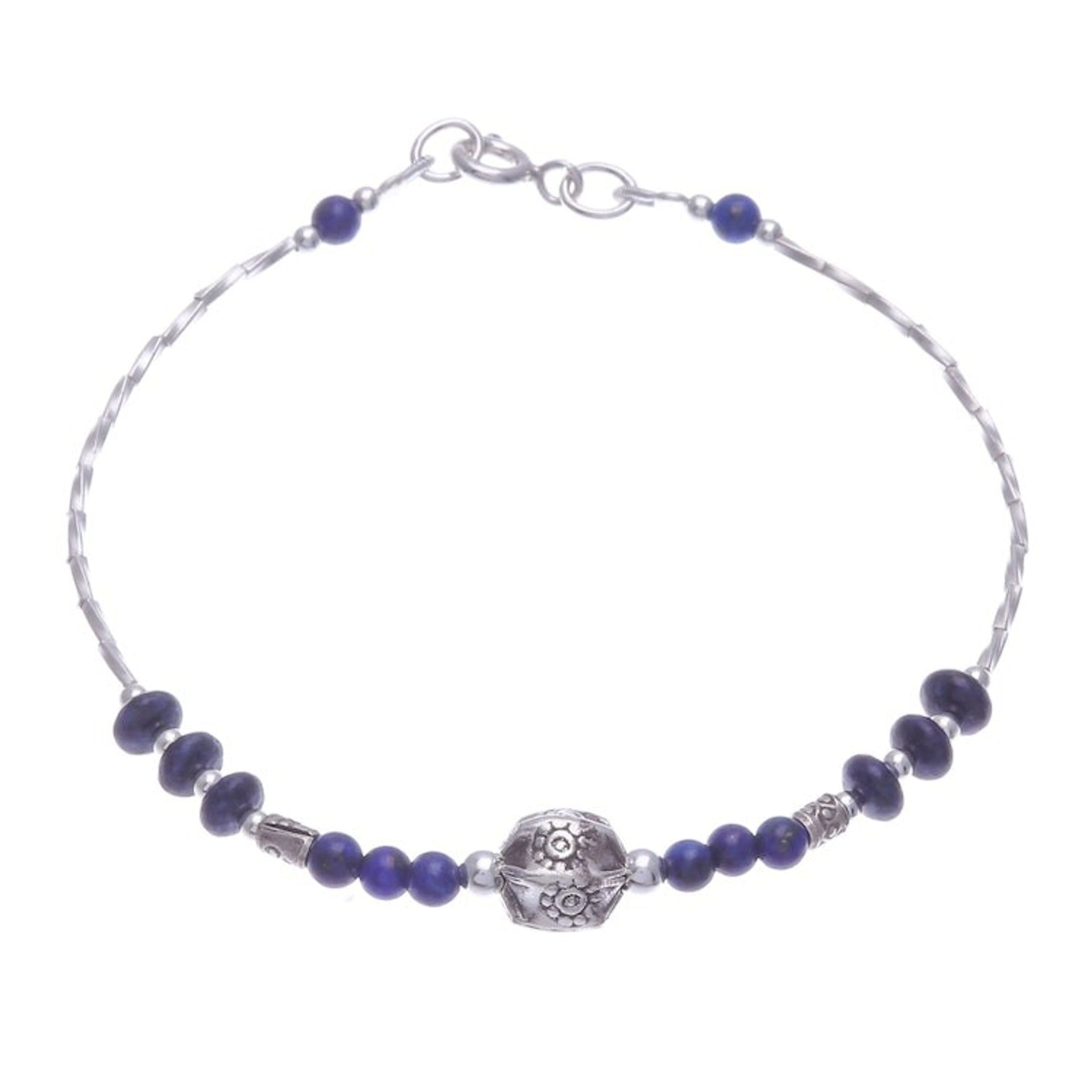 Lapis Lazuli and Silver Beaded Bracelet with Hexagon Pendant 'Blue Hexagon'