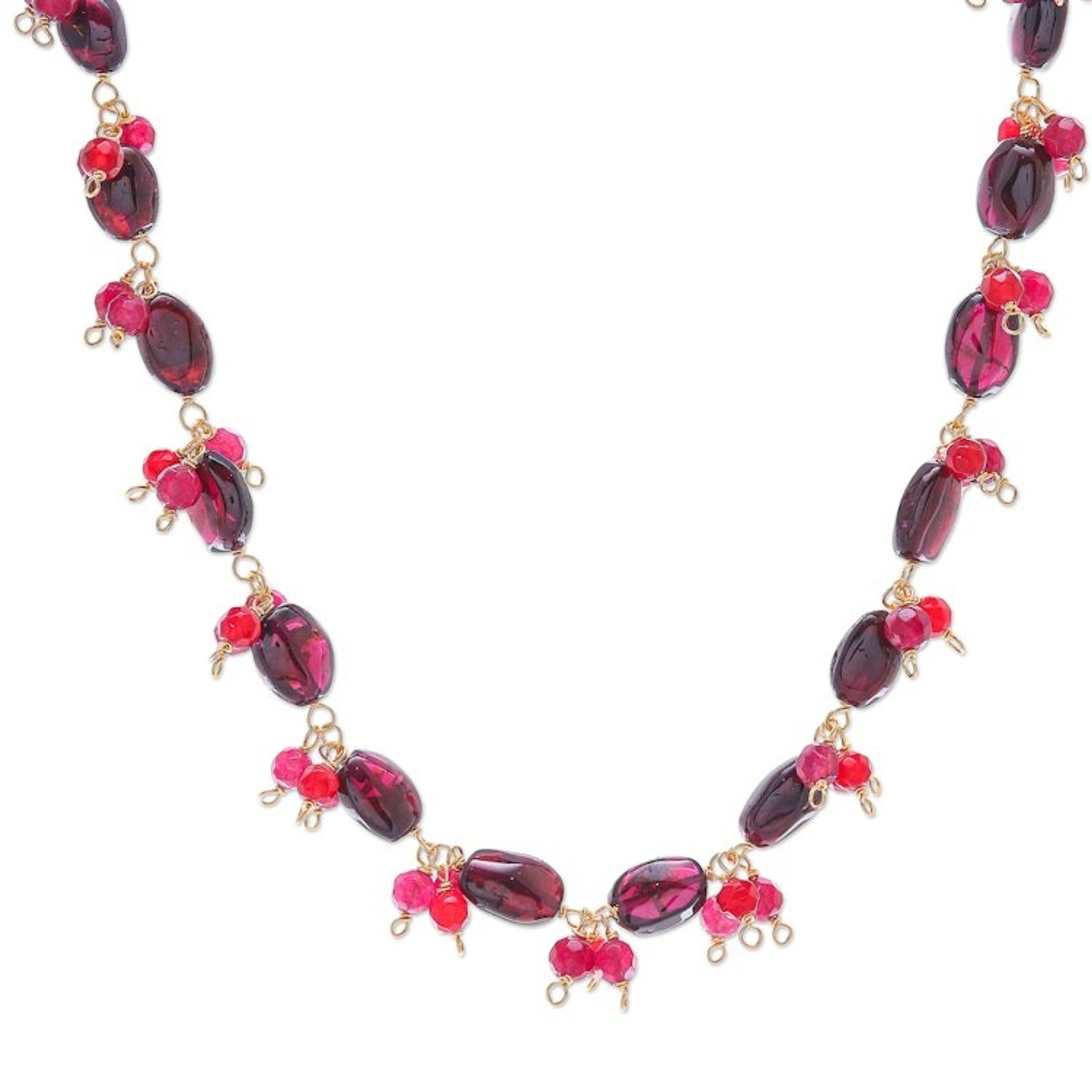 Gold Plated Necklace with Quartz and Garnet Beads 'Sunset Mood in Red'