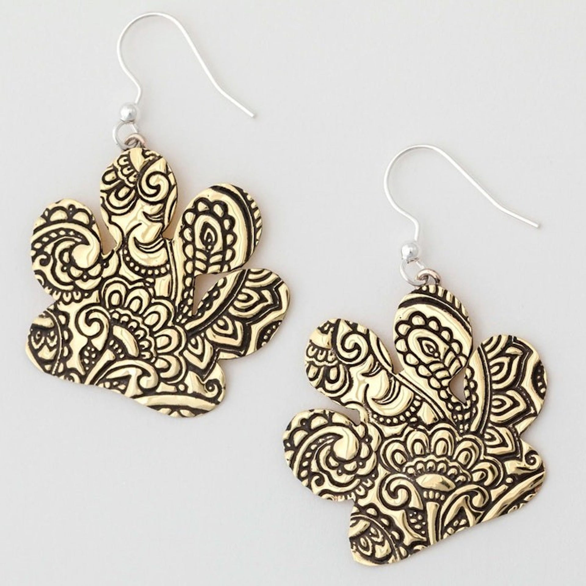 Brass Paw Dangle Earrings with Embossed Paisley Motifs 'Noble Paisley Paws'