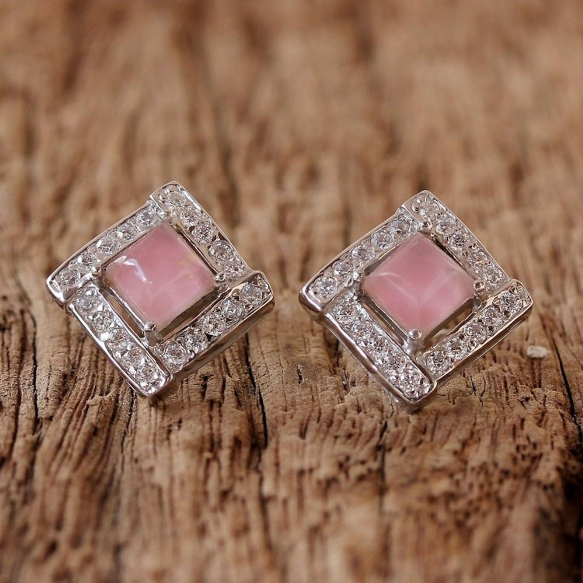 Rhodium Plated Rose Quartz Button Earrings from Thailand 'Pink Squares'