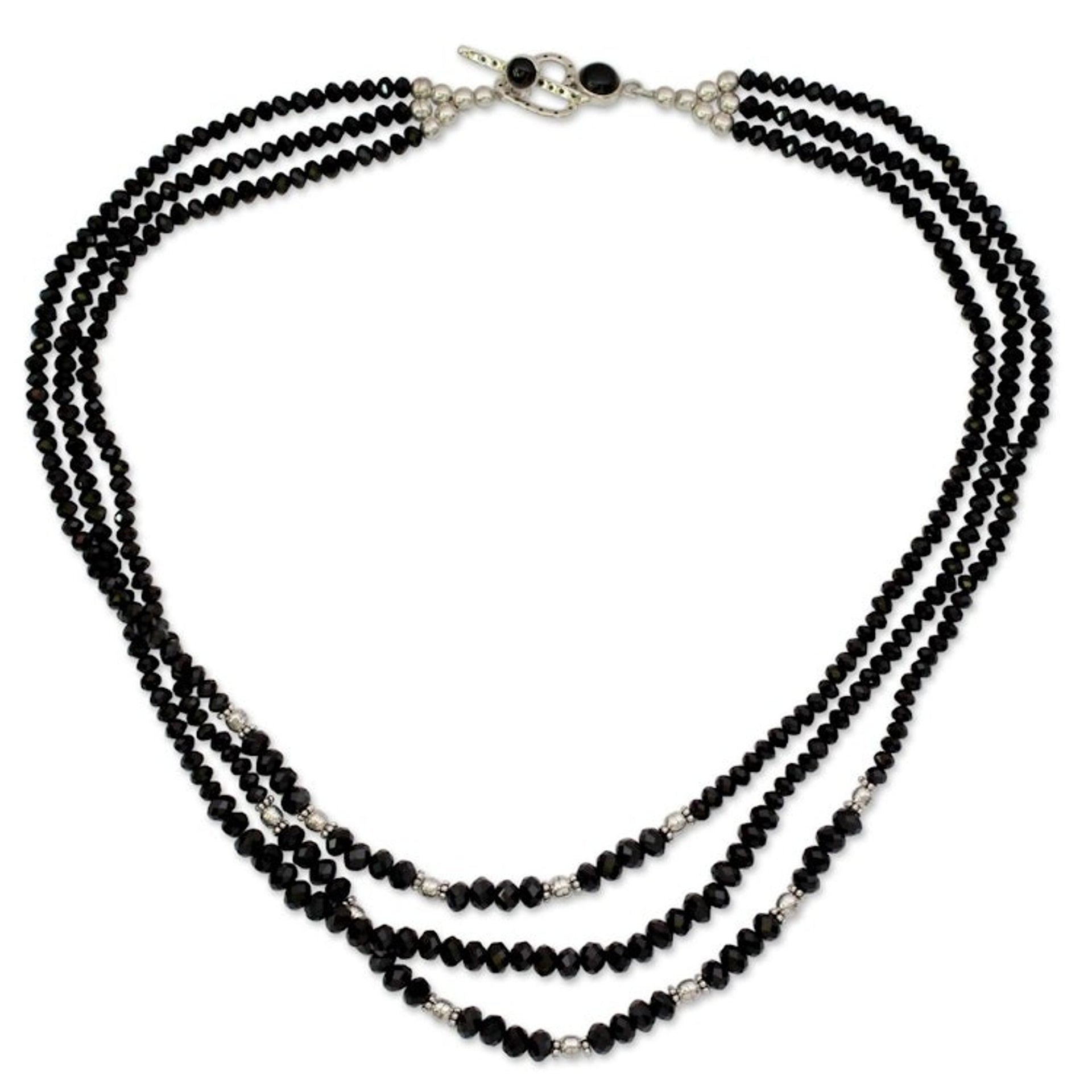 Handcrafted Black Onyx Triple Strand Necklace 'Ebony Elegance'