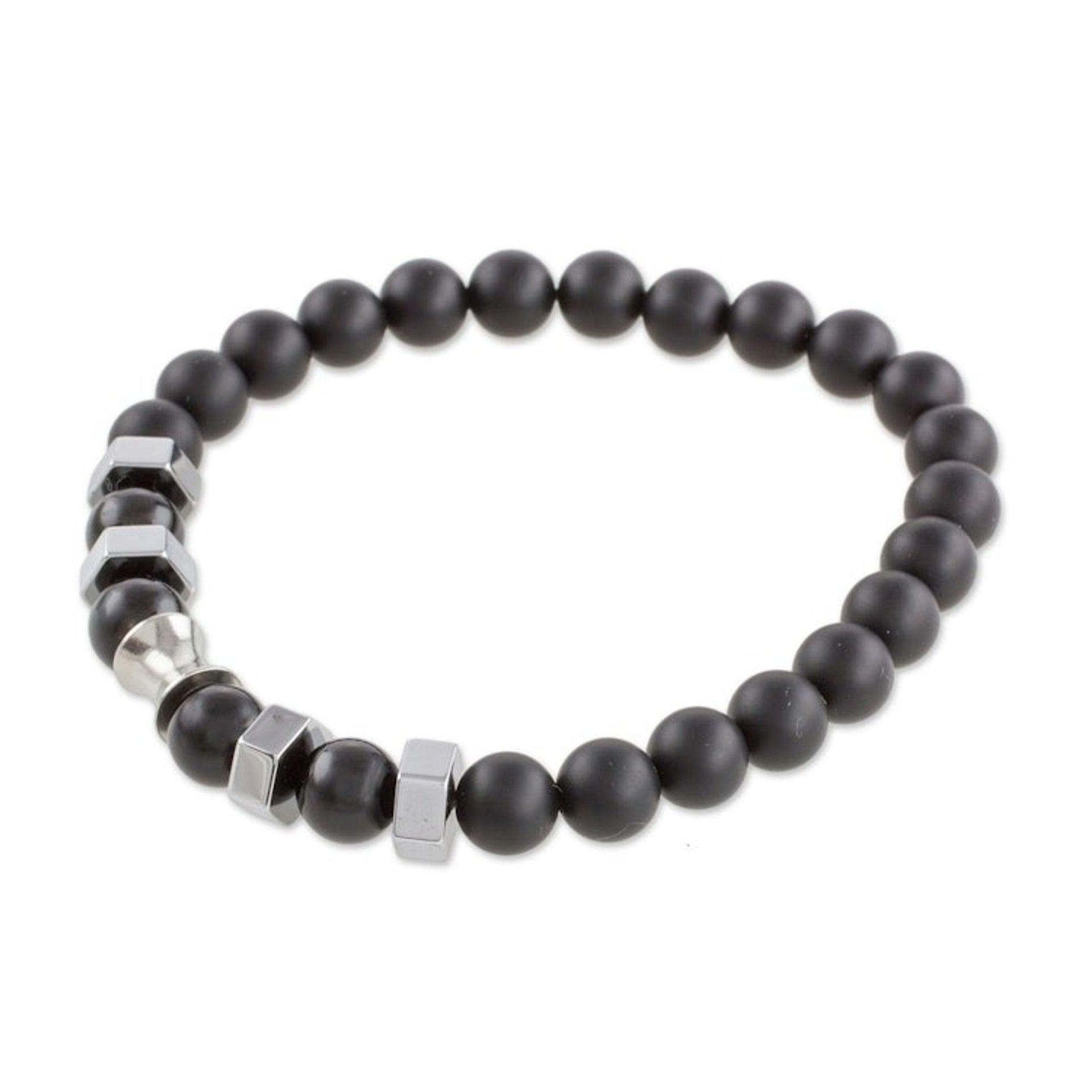 Men's Black Agate and Stainless Steel Stretch Bracelet 'Moonlit Sky'