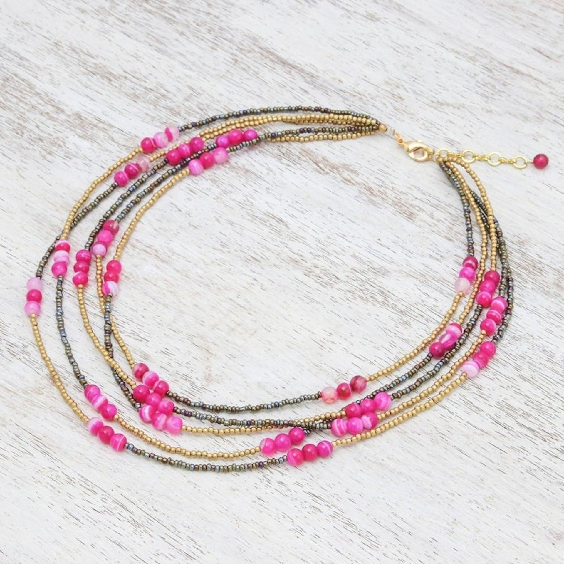 Pink Quartz and Agate Beaded Strand Necklace from Thailand 'Boho Elegance in Pink'