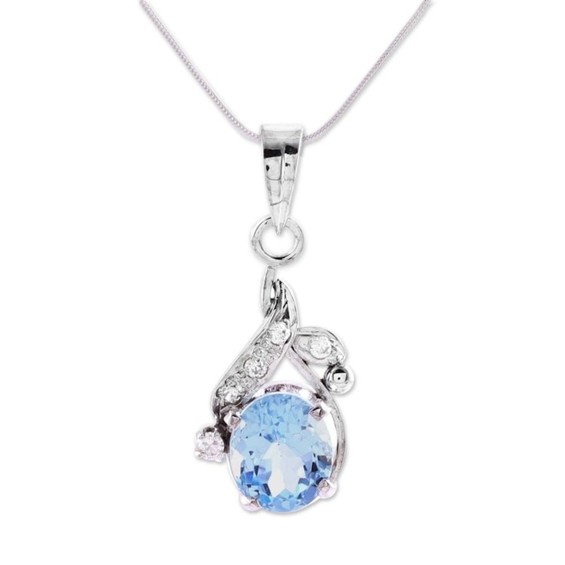 Sterling Silver Necklace Cubic Zirconia Blue Handmade 'Dazzling Dew'