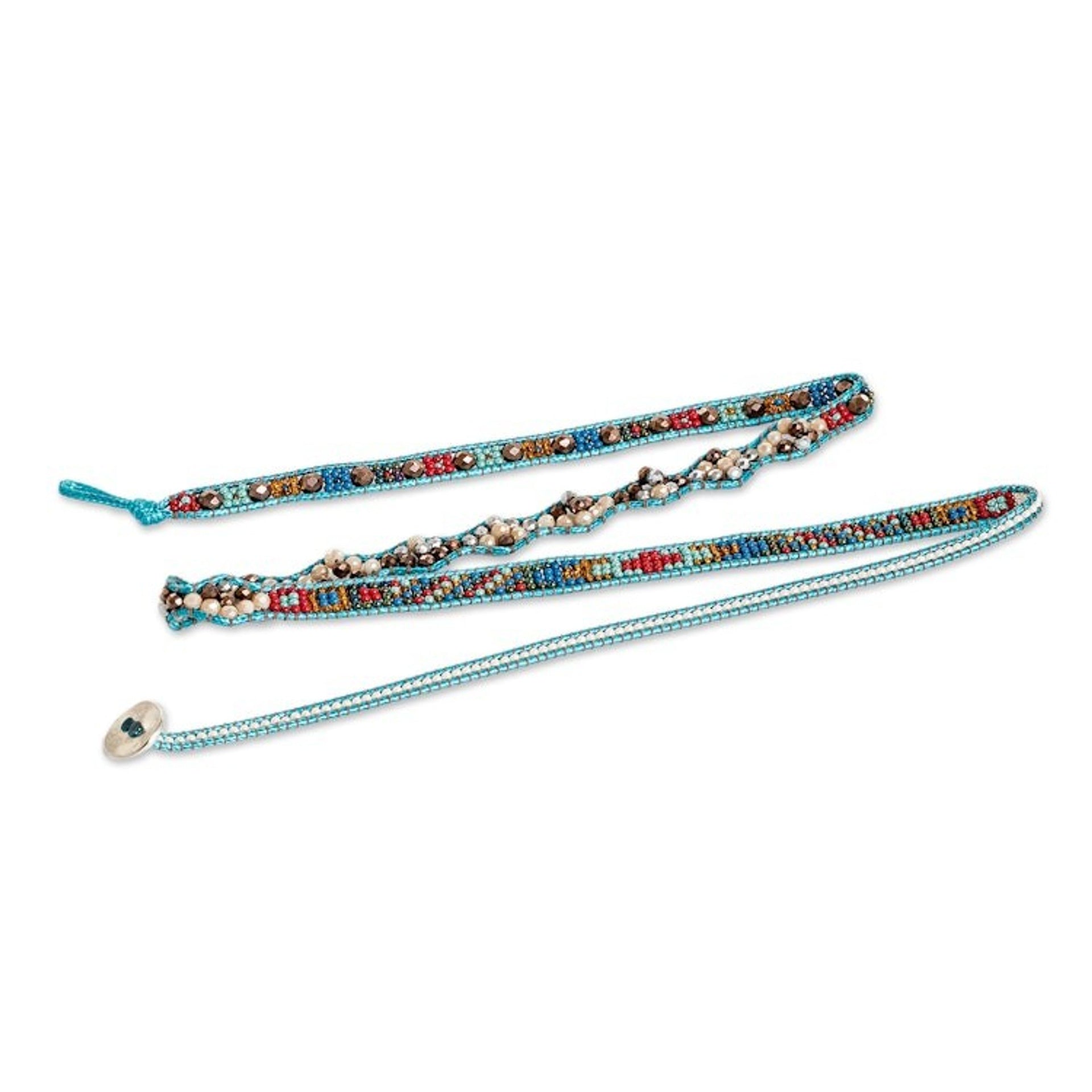 Handwoven Beaded Blue-Hued Wrap Bracelet with Pewter Button 'Encircling Flair'