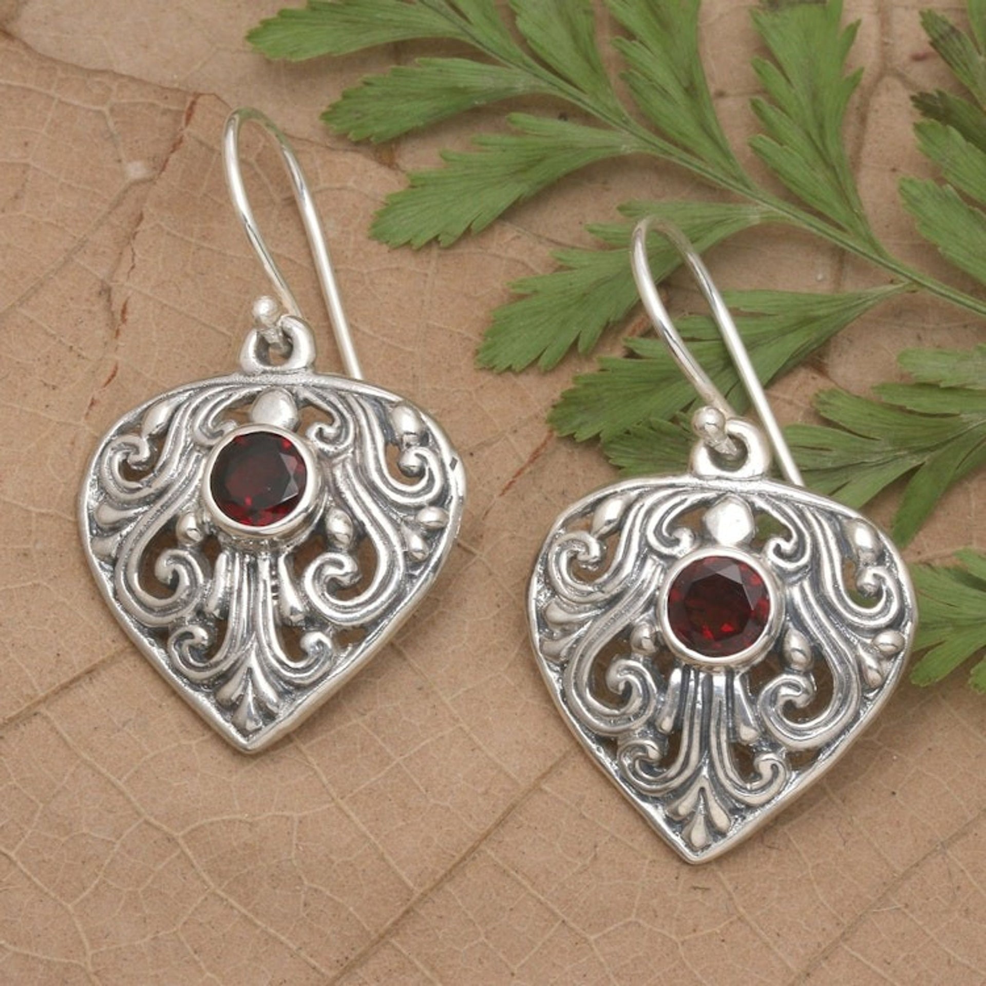 Handmade Sterling Silver and Garnet Dangle Earrings 'Crest of Vines'