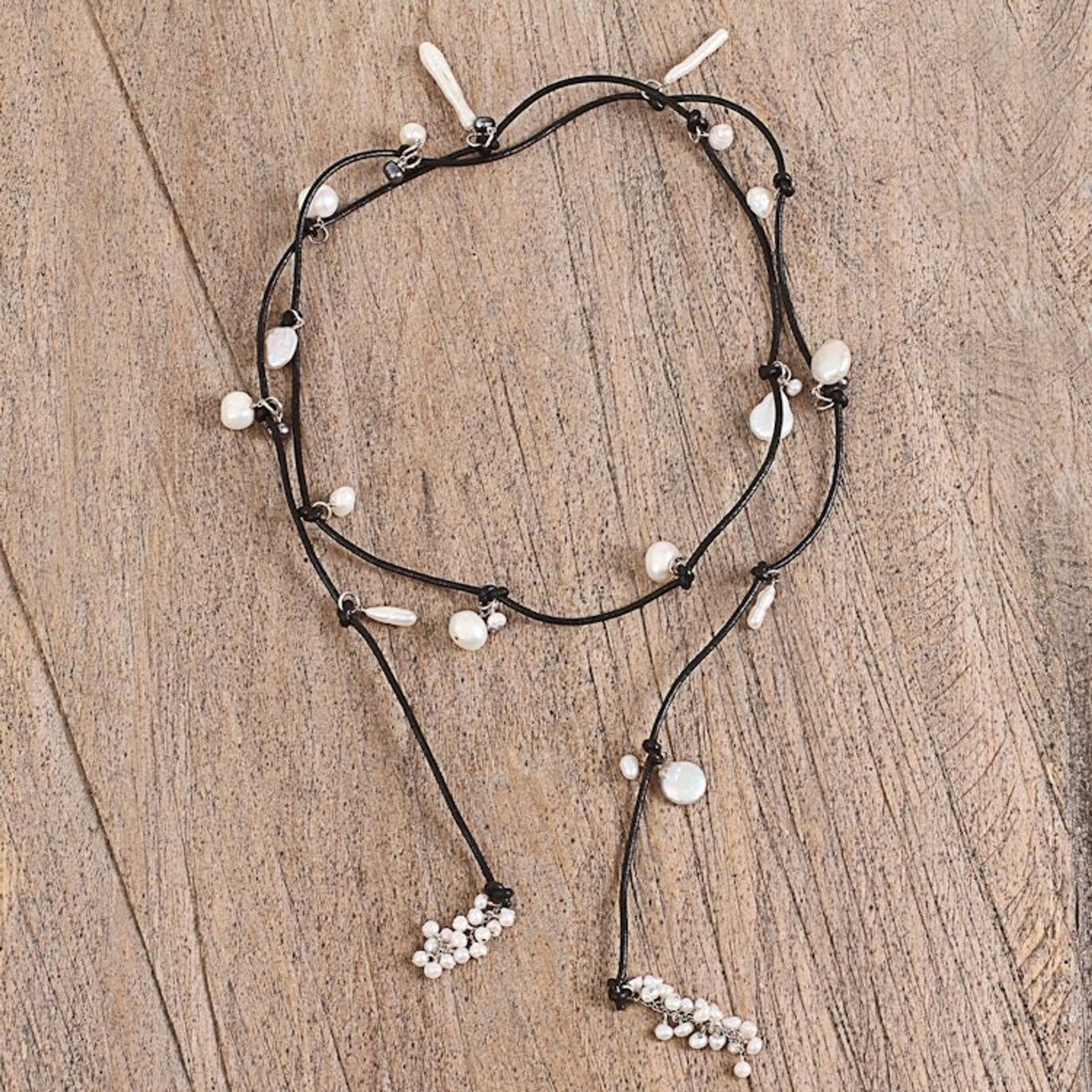 Handcrafted Cultured Pearl Black Leather Wrap Necklace 'Rustic Treasure in Black'