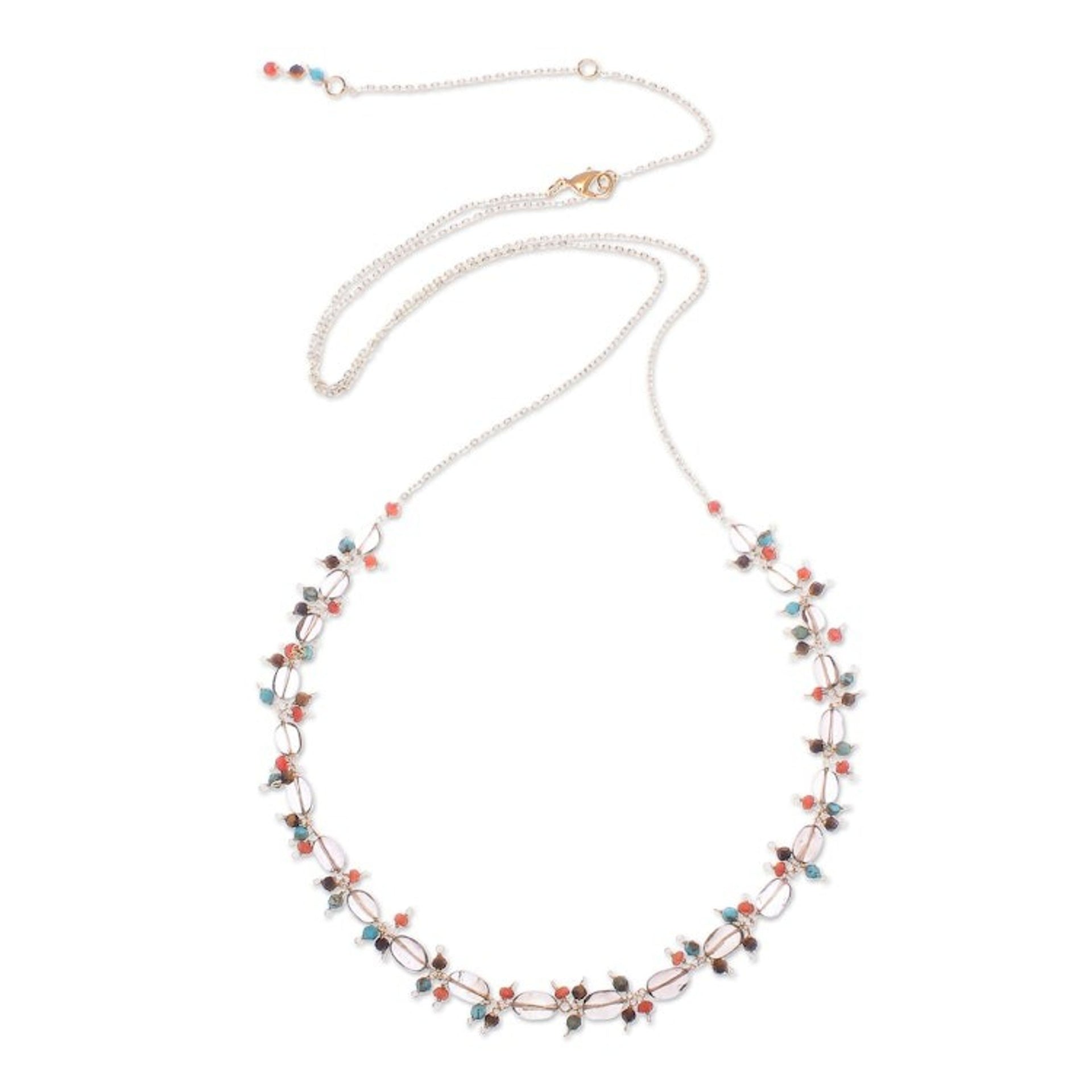 Gold Plated Necklace with Multiple Gemstone Beads 'Sunset Mood in Smoke'