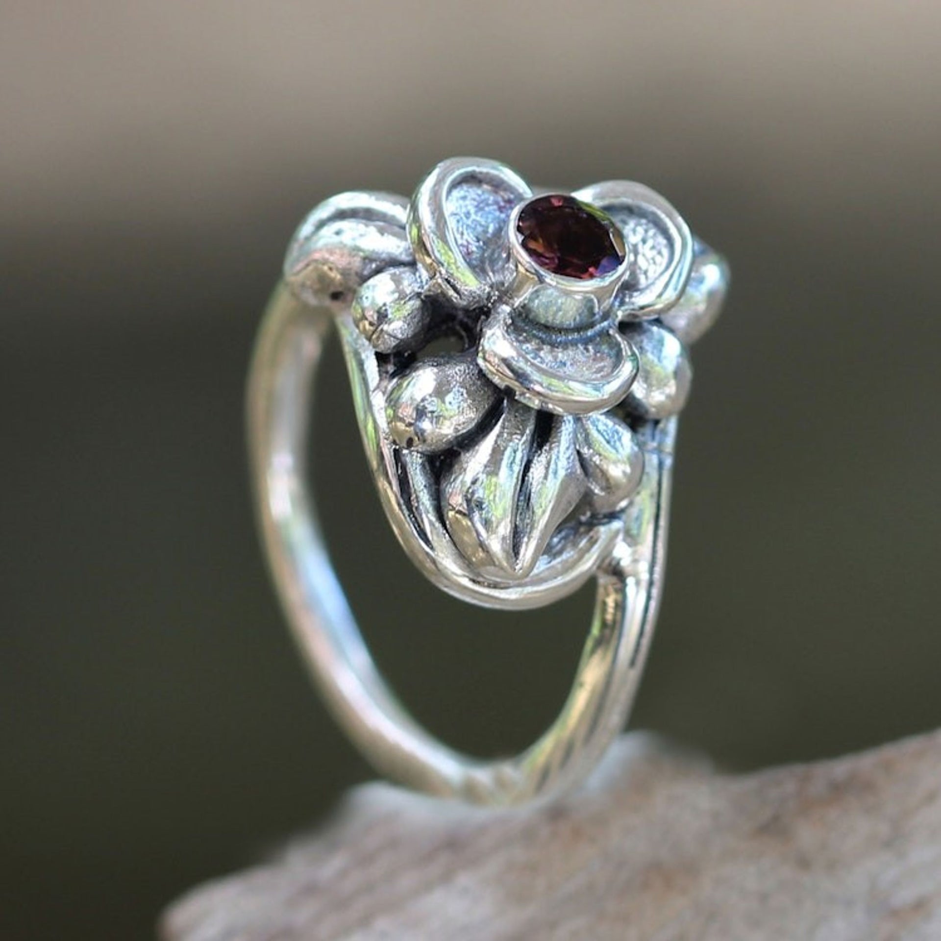 Tourmaline and Silver Handcrafted Floral Ring 'Ubud Orchid'