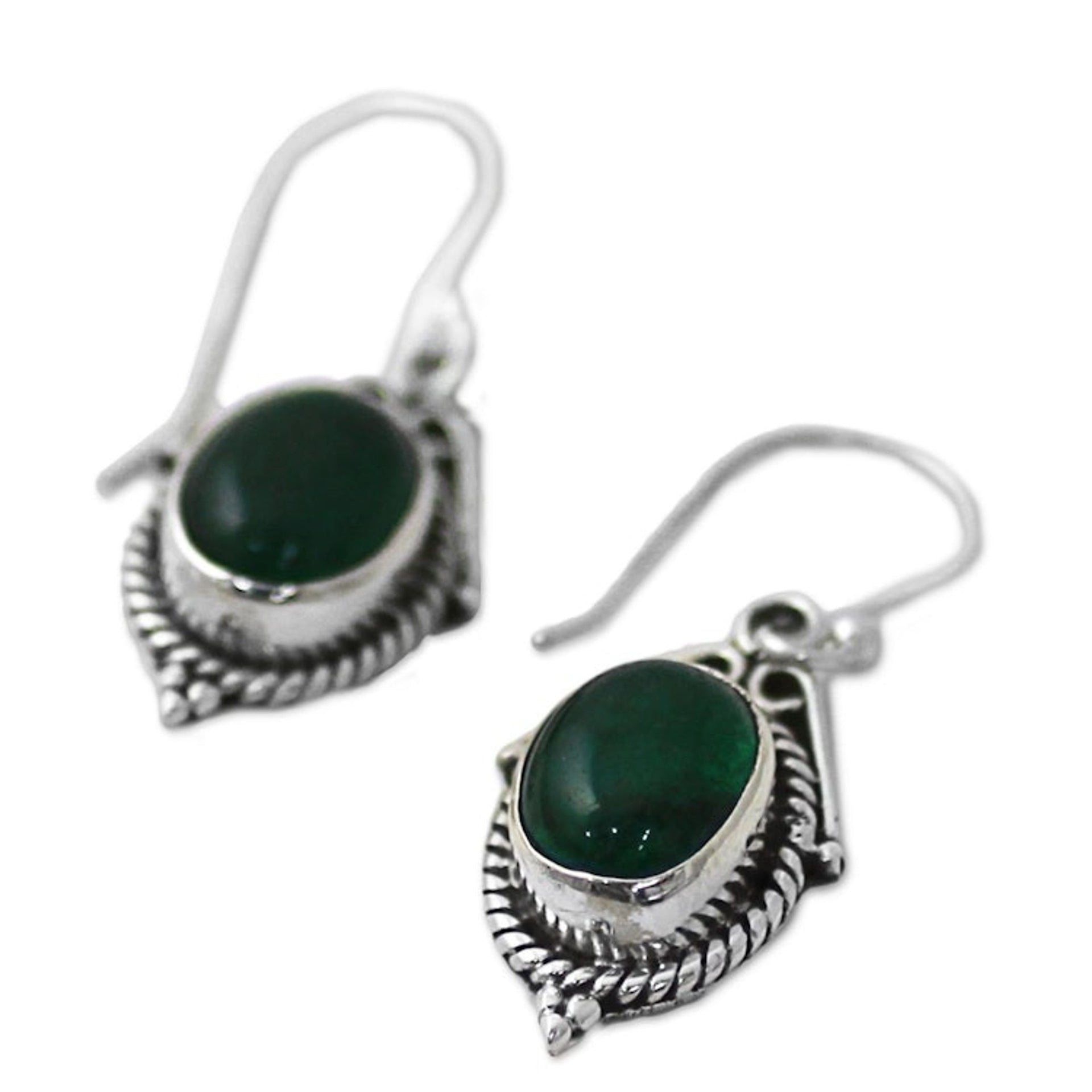 Hand Made Sterling Silver Green Onyx Dangle Earrings India 'Charming Green'