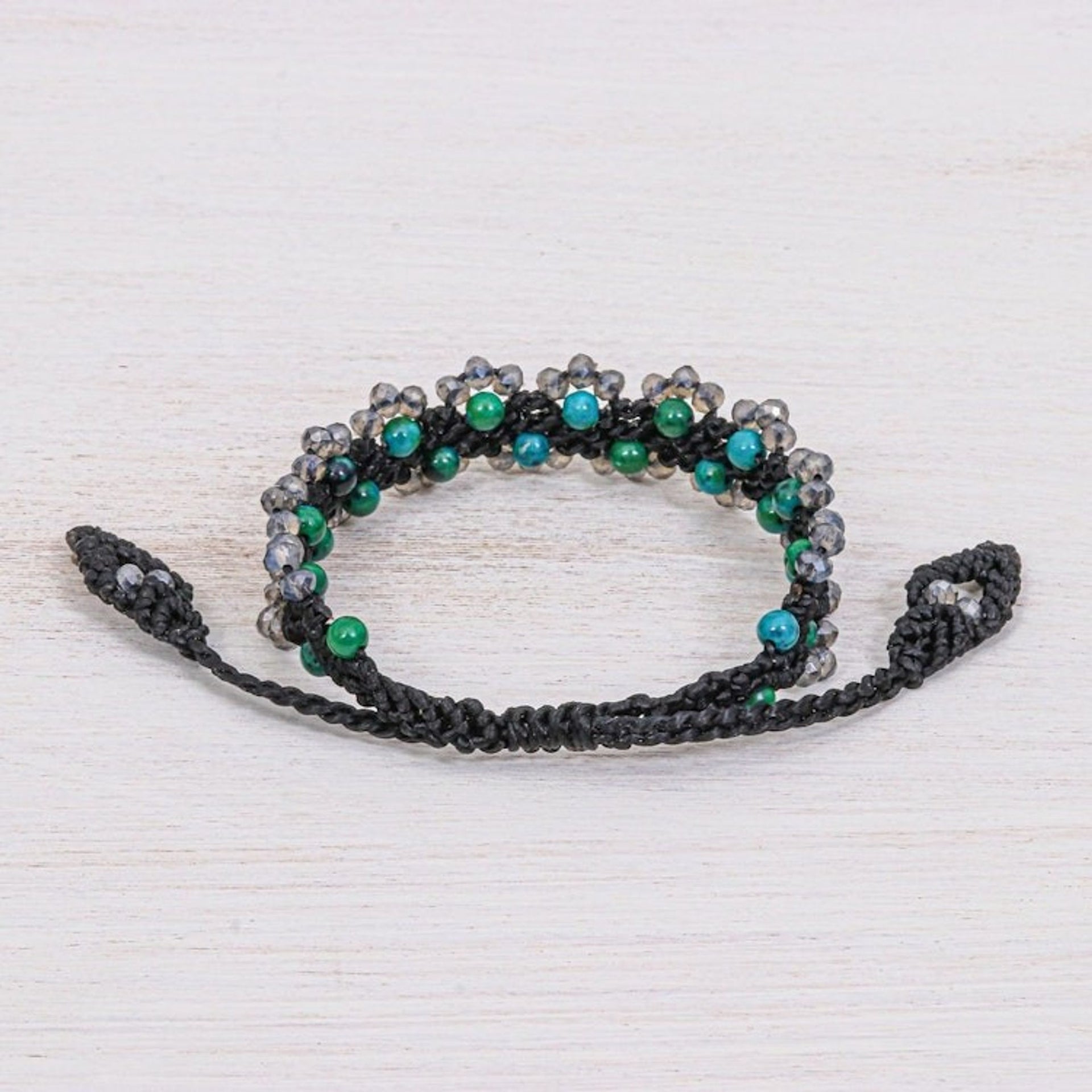 Serpentine Beaded Cord Bracelet with Sliding Knot 'Shiny Forest in Black'