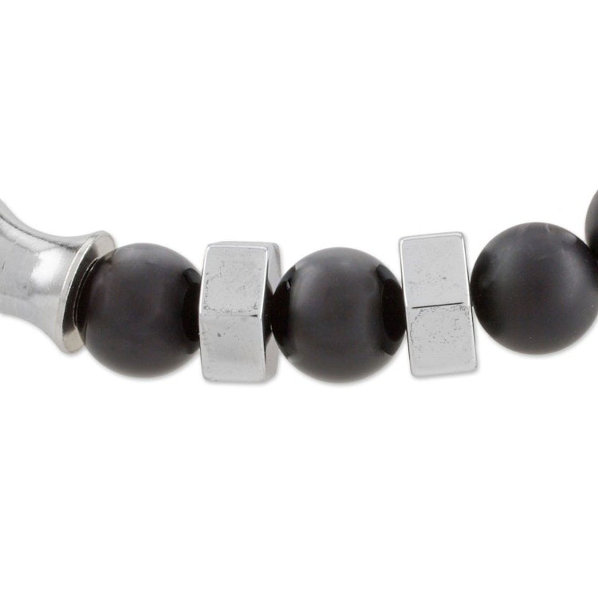 Men's Black Agate and Stainless Steel Stretch Bracelet 'Moonlit Sky'