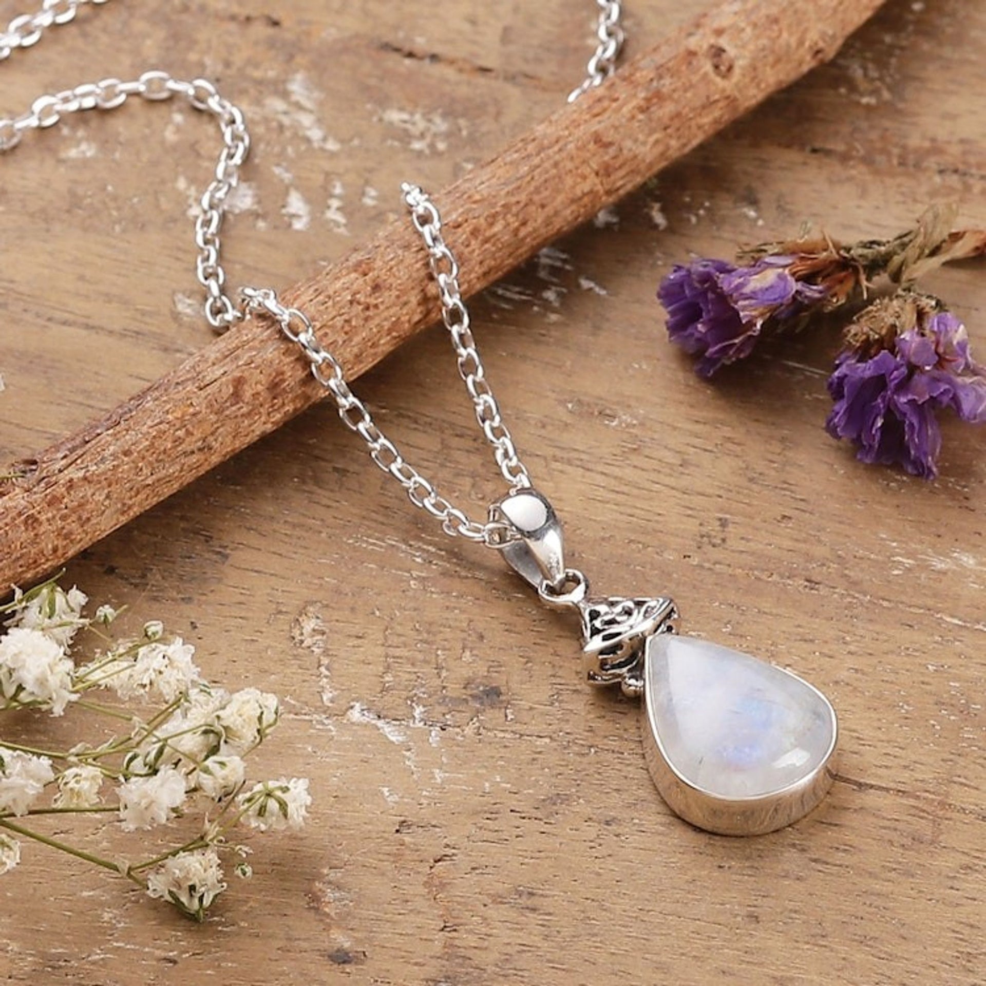 Rainbow Moonstone and Sterling Silver Pendant Necklace 'Icy Droplet'