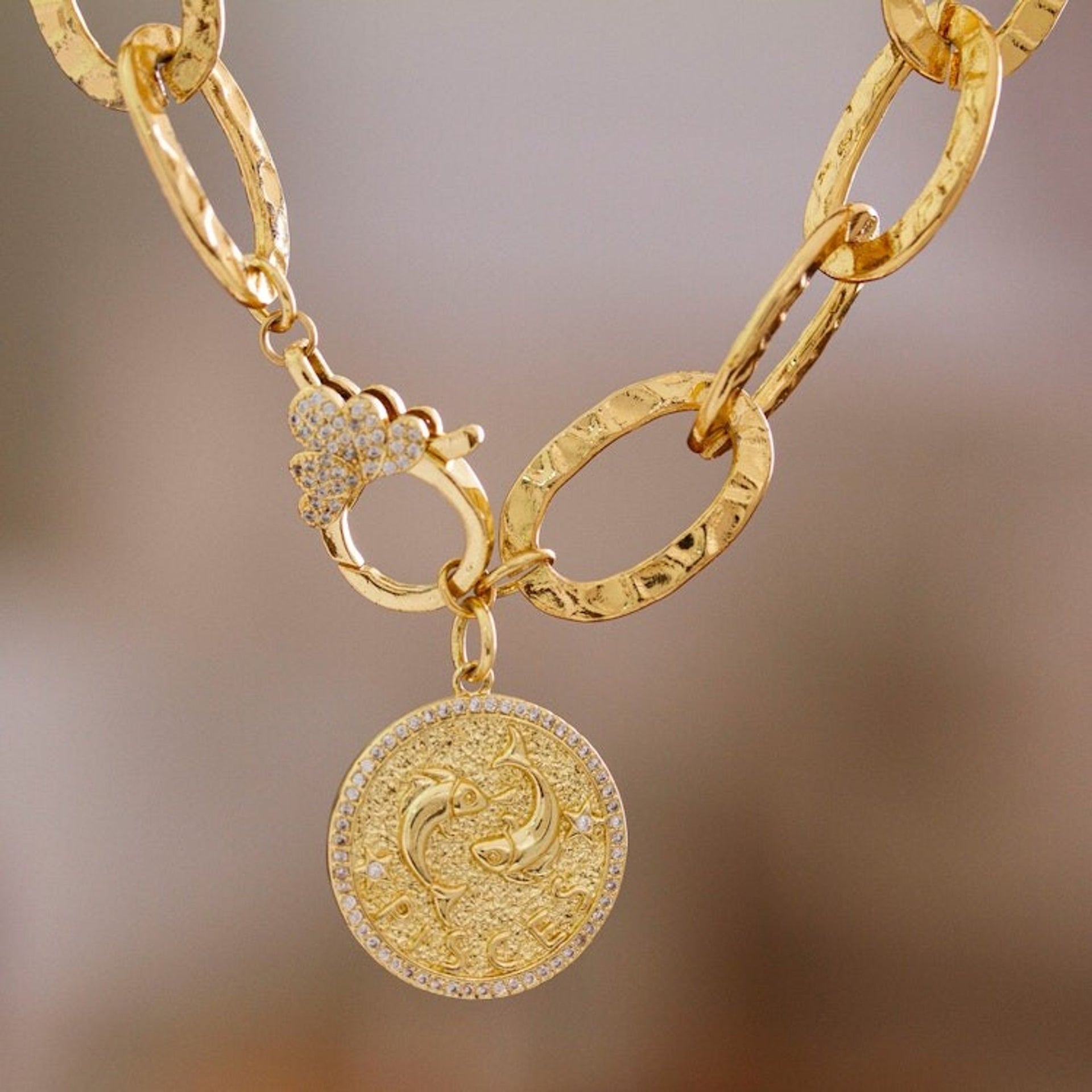 24k Gold-Plated Cubic Zirconia Pisces Sign Pendant Necklace 'Pisces Born'