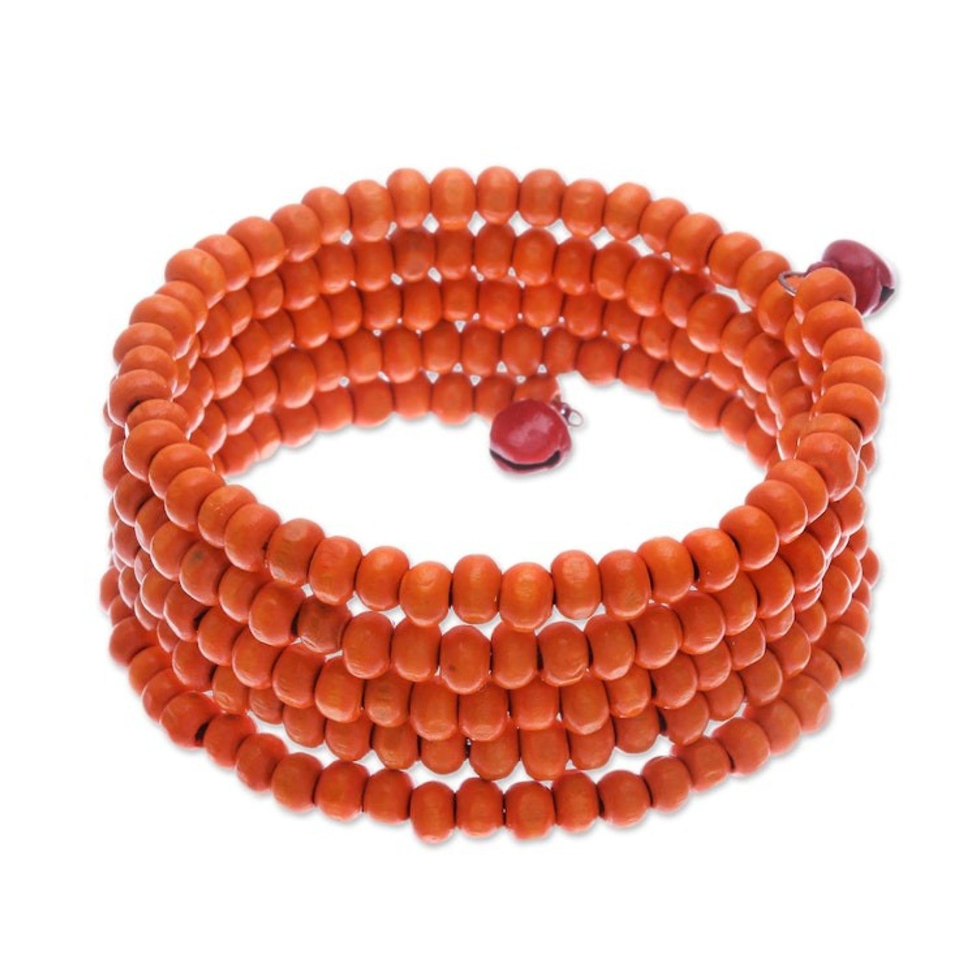 Orange Beaded Wood Wrap Bracelet with Bells 1 In 'Tangerine Spin'