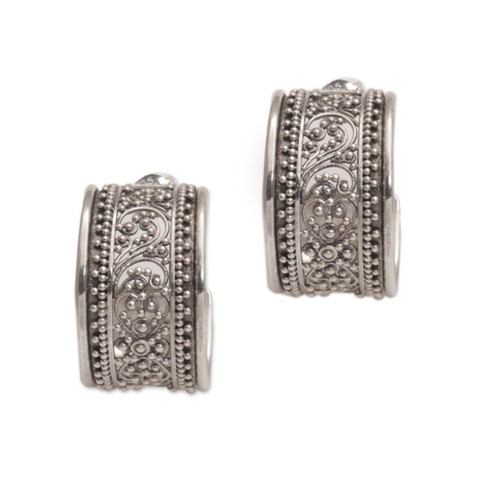 Sterling Silver Openwork Half-Hoop Earrings from Bali 'Merajan Majesty'