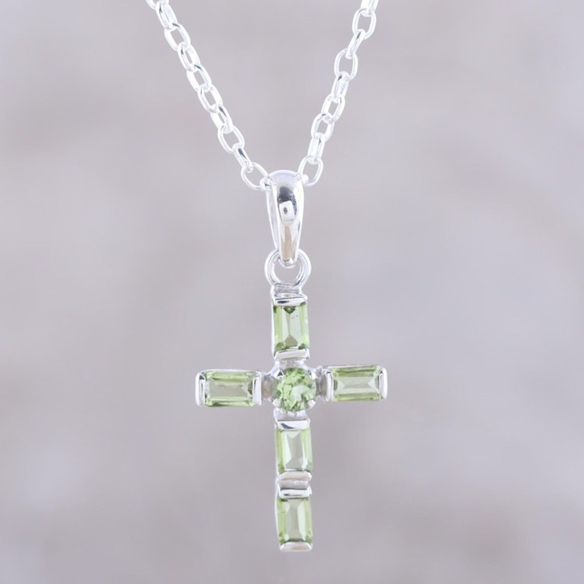 Sterling Silver and Peridot Cross Pendant Necklace 'Kolkata Cross'