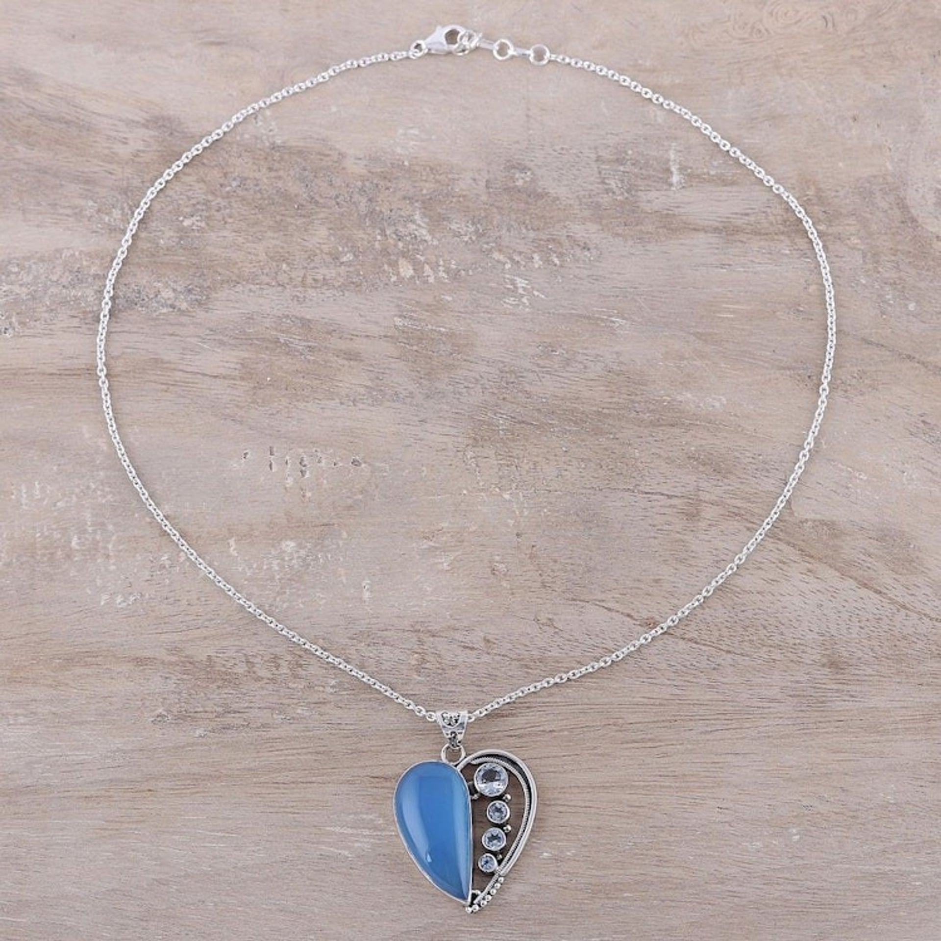 Chalcedony and Blue Topaz Heart Necklace from India 'Blue Heart'