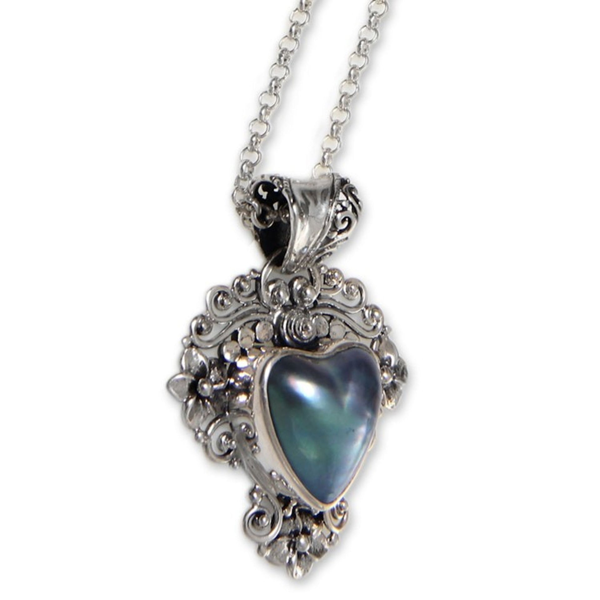 Heart Shaped Blue Cultured Mabe Pearl Pendant Necklace 'Blue Heart in Bloom'