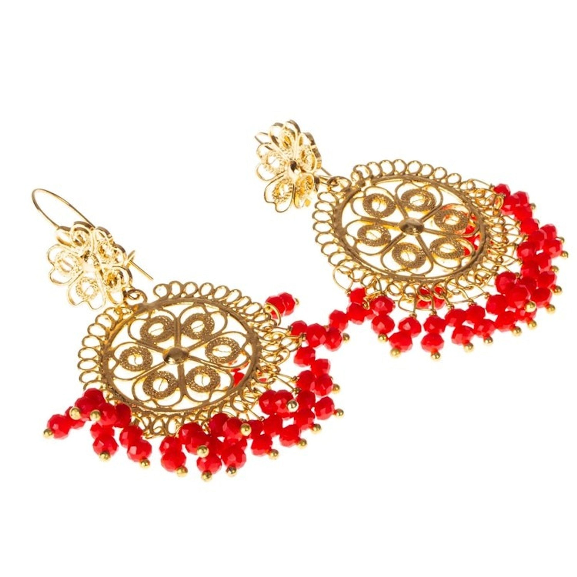 Red Crystal 10k Gold Plated Chandelier Earrings 'Valley Flower in Red'