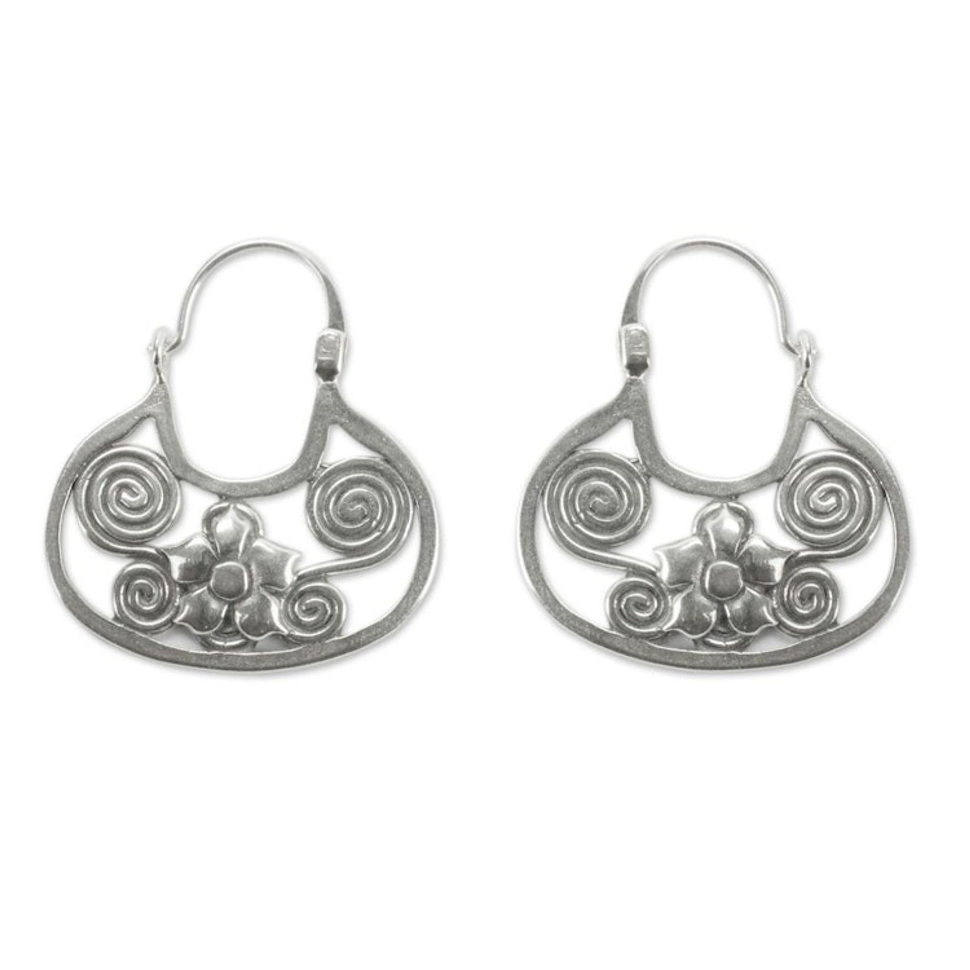 Artisan Crafted Sterling Silver Hoop Earrings from Mexico 'Floral Mazahua'